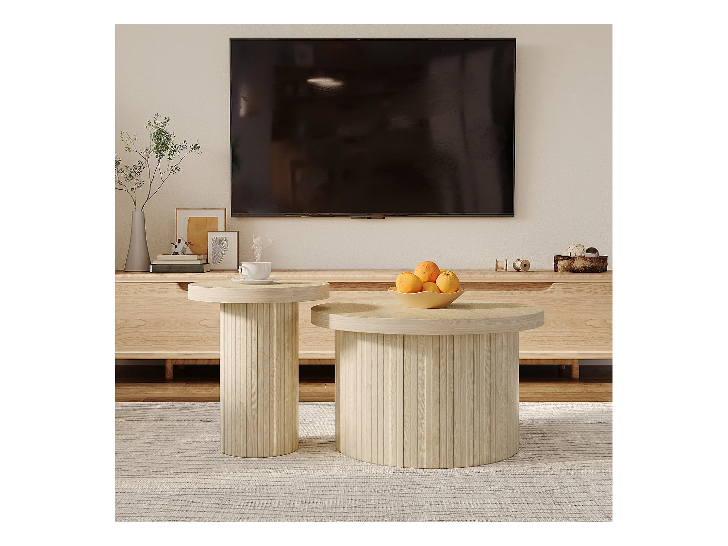 Lot de 2 tables basses gigognes, table d'appoint - D 66 x H 40 cm + D 40 x H 46 cm - MDF - Naturel