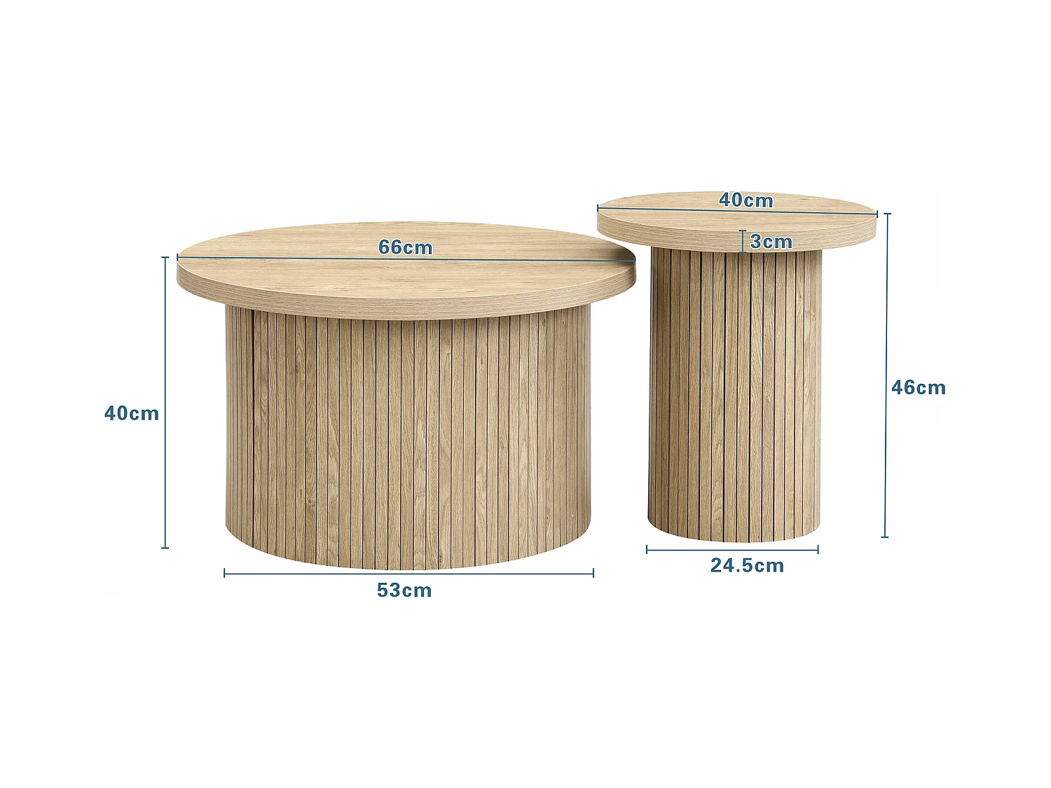 Lot de 2 tables basses gigognes, table d'appoint - D 66 x H 40 cm + D 40 x H 46 cm - MDF - Naturel