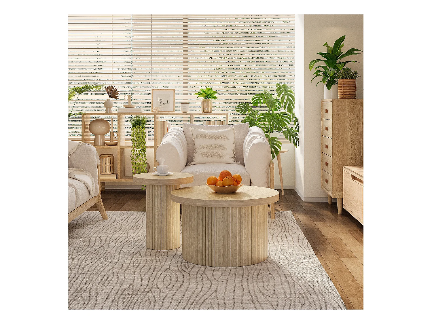 Lot de 2 tables basses gigognes, table d'appoint - D 66 x H 40 cm + D 40 x H 46 cm - MDF - Naturel