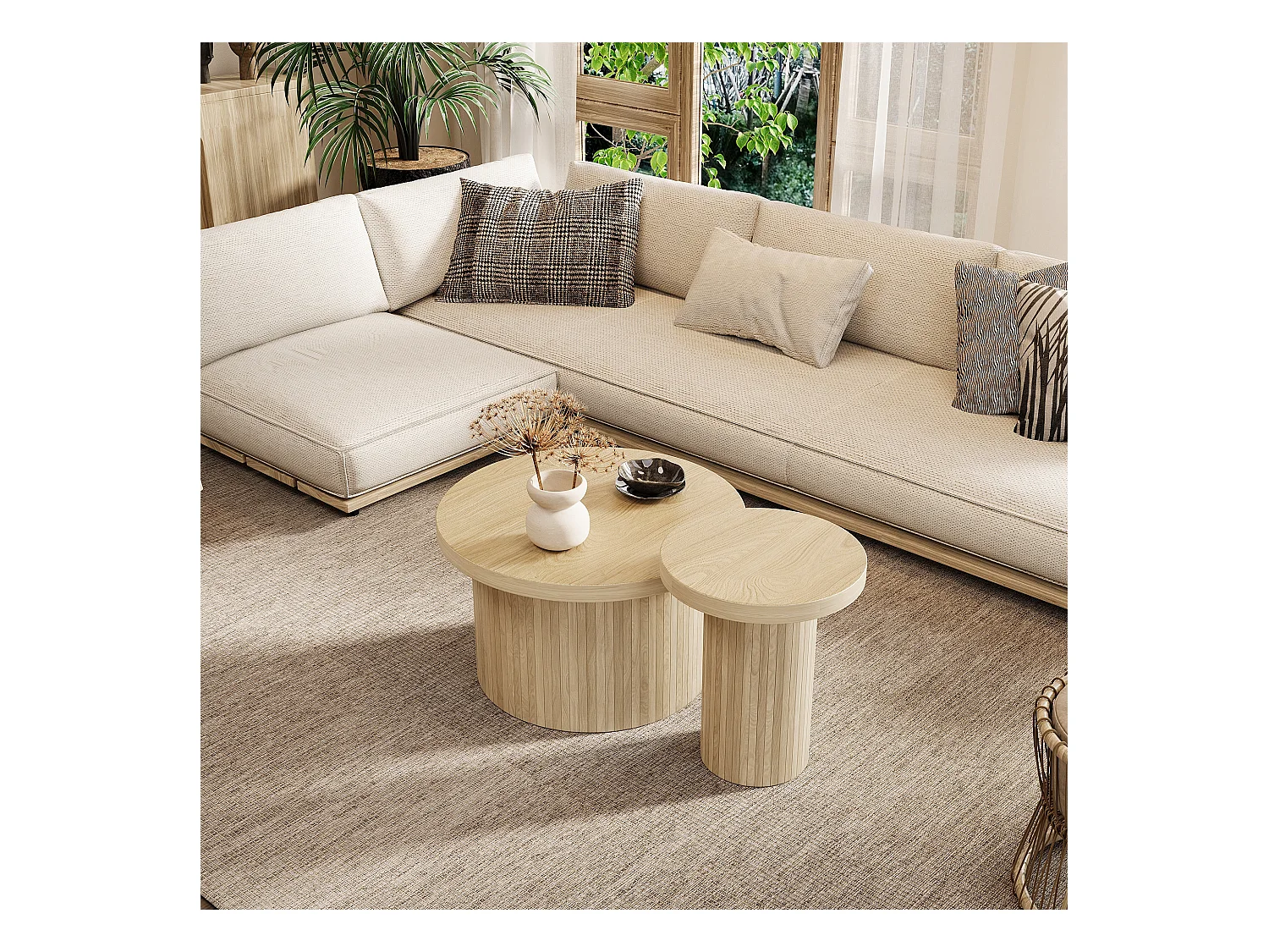 Lot de 2 tables basses gigognes, table d'appoint - D 66 x H 40 cm + D 40 x H 46 cm - MDF - Naturel