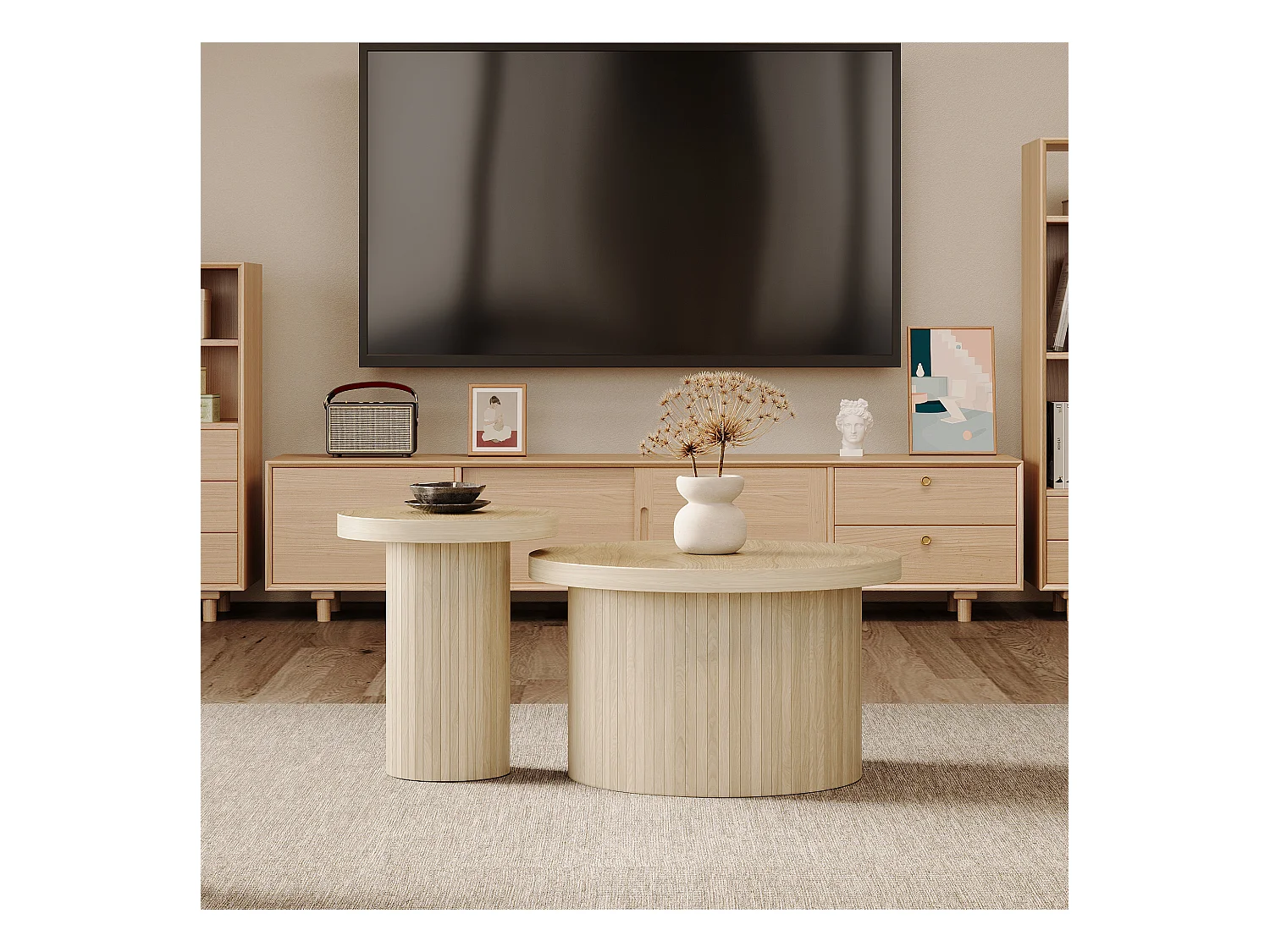 Lot de 2 tables basses gigognes, table d'appoint - D 66 x H 40 cm + D 40 x H 46 cm - MDF - Naturel