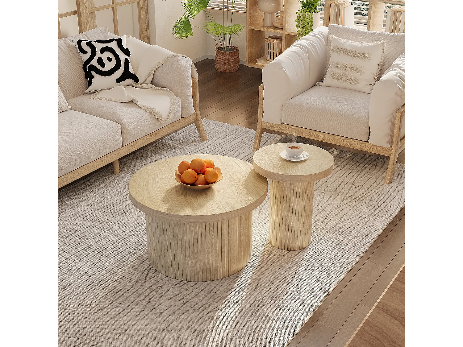 Lot de 2 tables basses gigognes, table d'appoint - D 66 x H 40 cm + D 40 x H 46 cm - MDF - Naturel