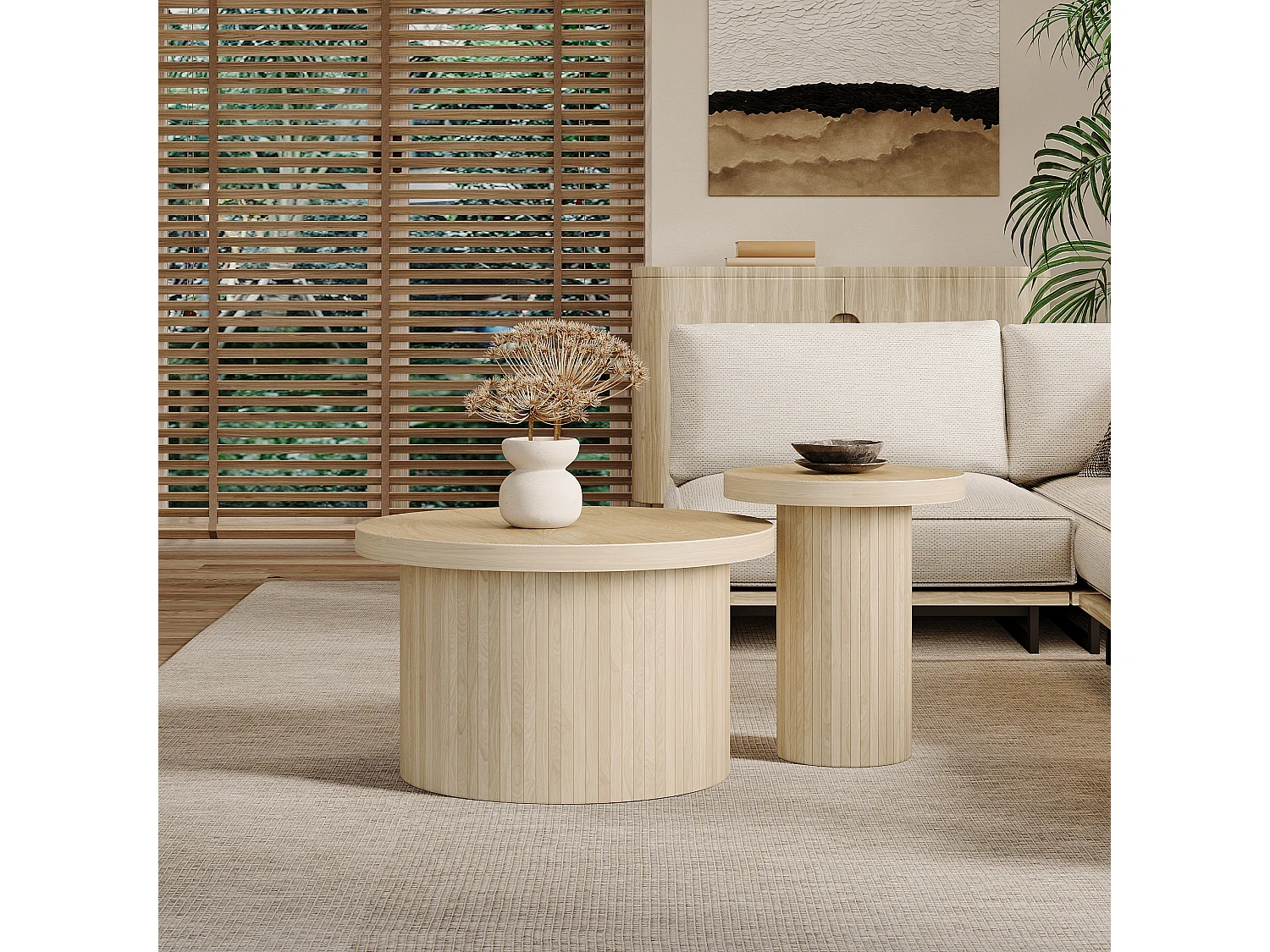 Lot de 2 tables basses gigognes, table d'appoint - D 66 x H 40 cm + D 40 x H 46 cm - MDF - Naturel