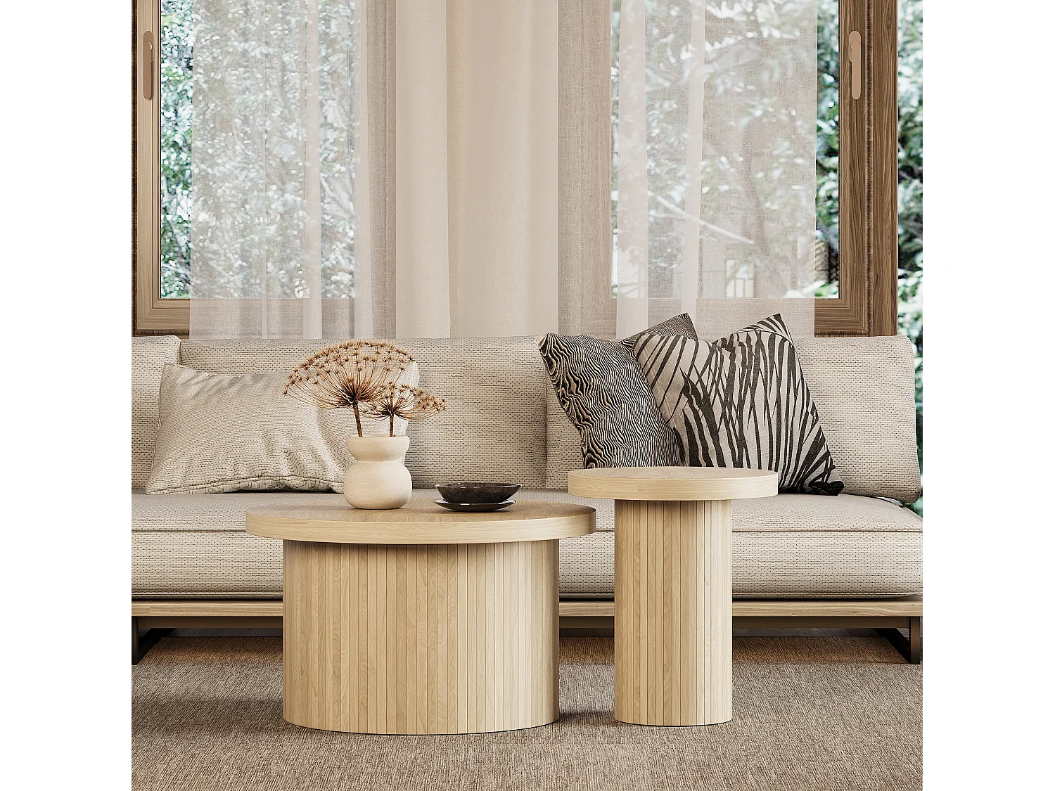 Lot de 2 tables basses gigognes, table d'appoint - D 66 x H 40 cm + D 40 x H 46 cm - MDF - Naturel