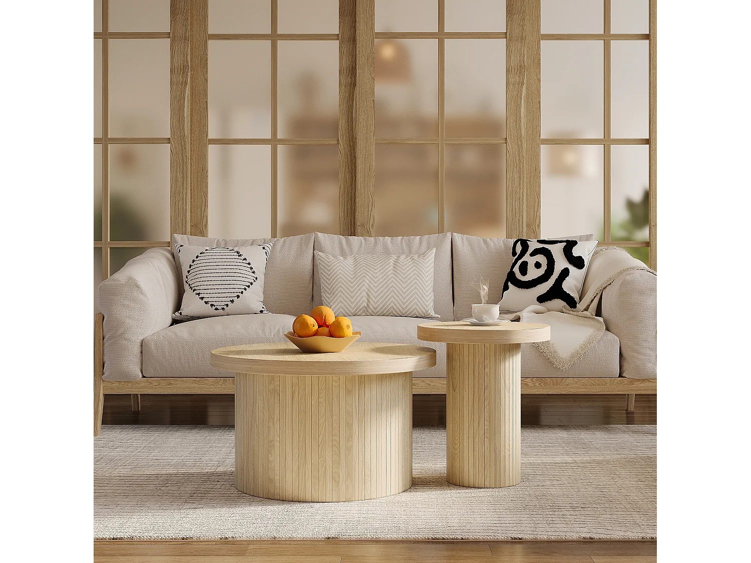 Lot de 2 tables basses gigognes, table d'appoint - D 66 x H 40 cm + D 40 x H 46 cm - MDF - Naturel