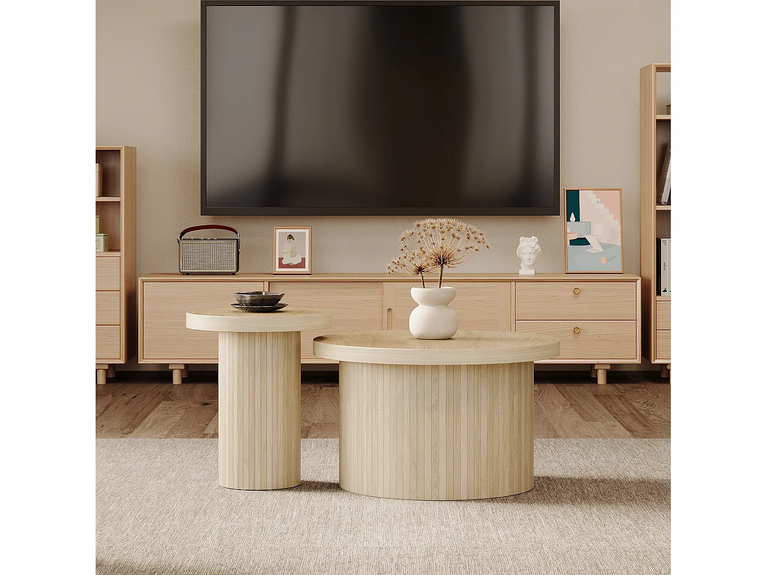 Lot de 2 tables basses gigognes, table d'appoint - D 66 x H 40 cm + D 40 x H 46 cm - MDF - Naturel