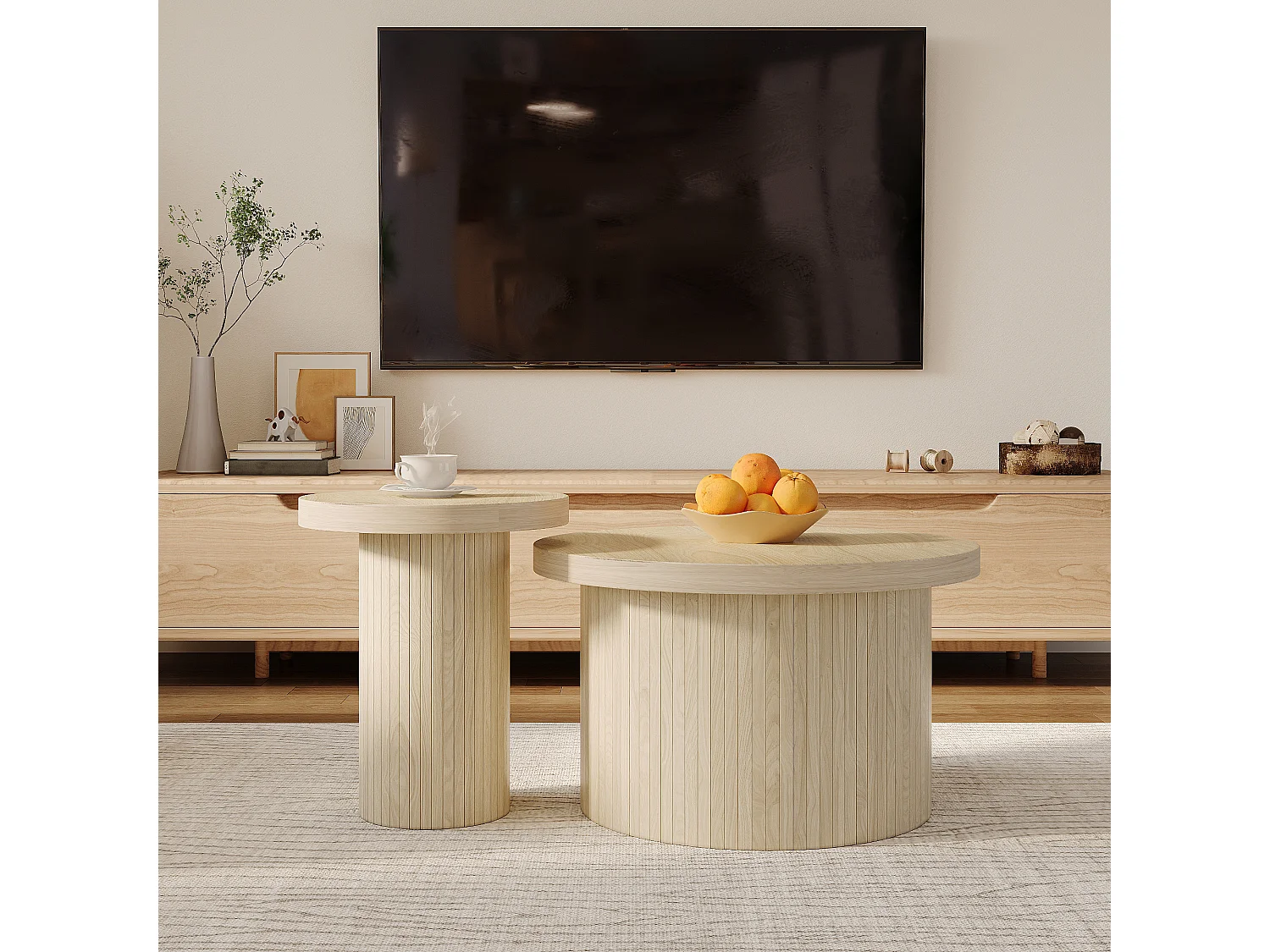 Lot de 2 tables basses gigognes, table d'appoint - D 66 x H 40 cm + D 40 x H 46 cm - MDF - Naturel