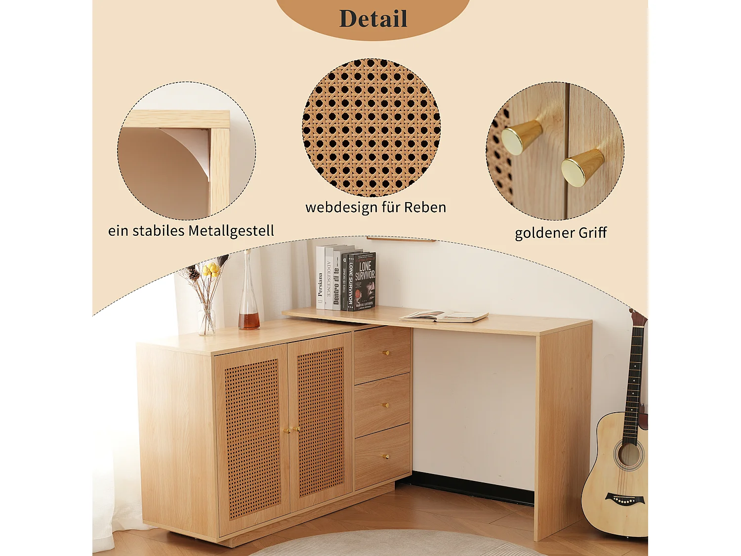 Hoekbureau met 3 lades en 2 rotan deuren - 126 x 40 x 75 cm - MDF - Naturel