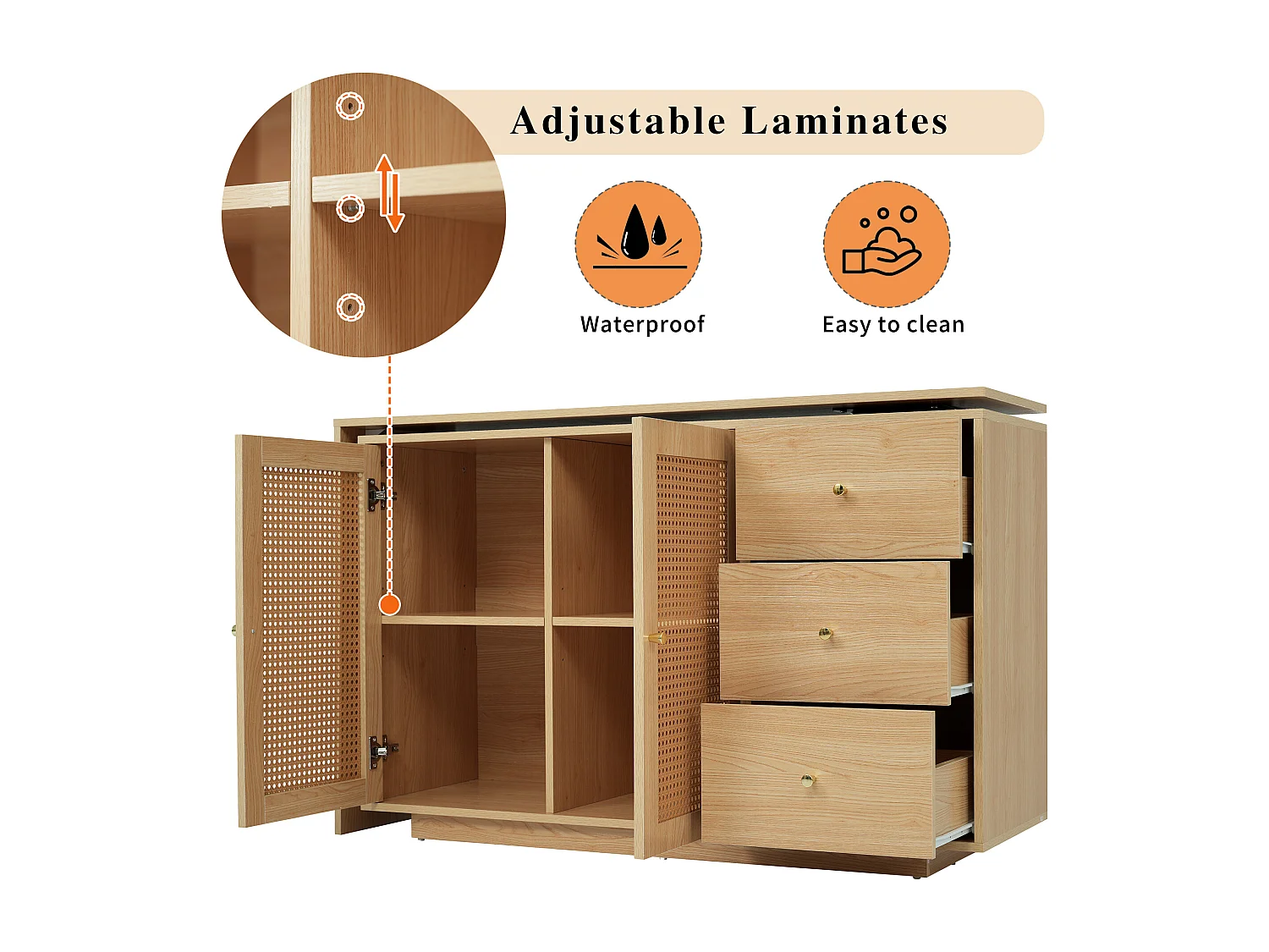 Hoekbureau met 3 lades en 2 rotan deuren - 126 x 40 x 75 cm - MDF - Naturel