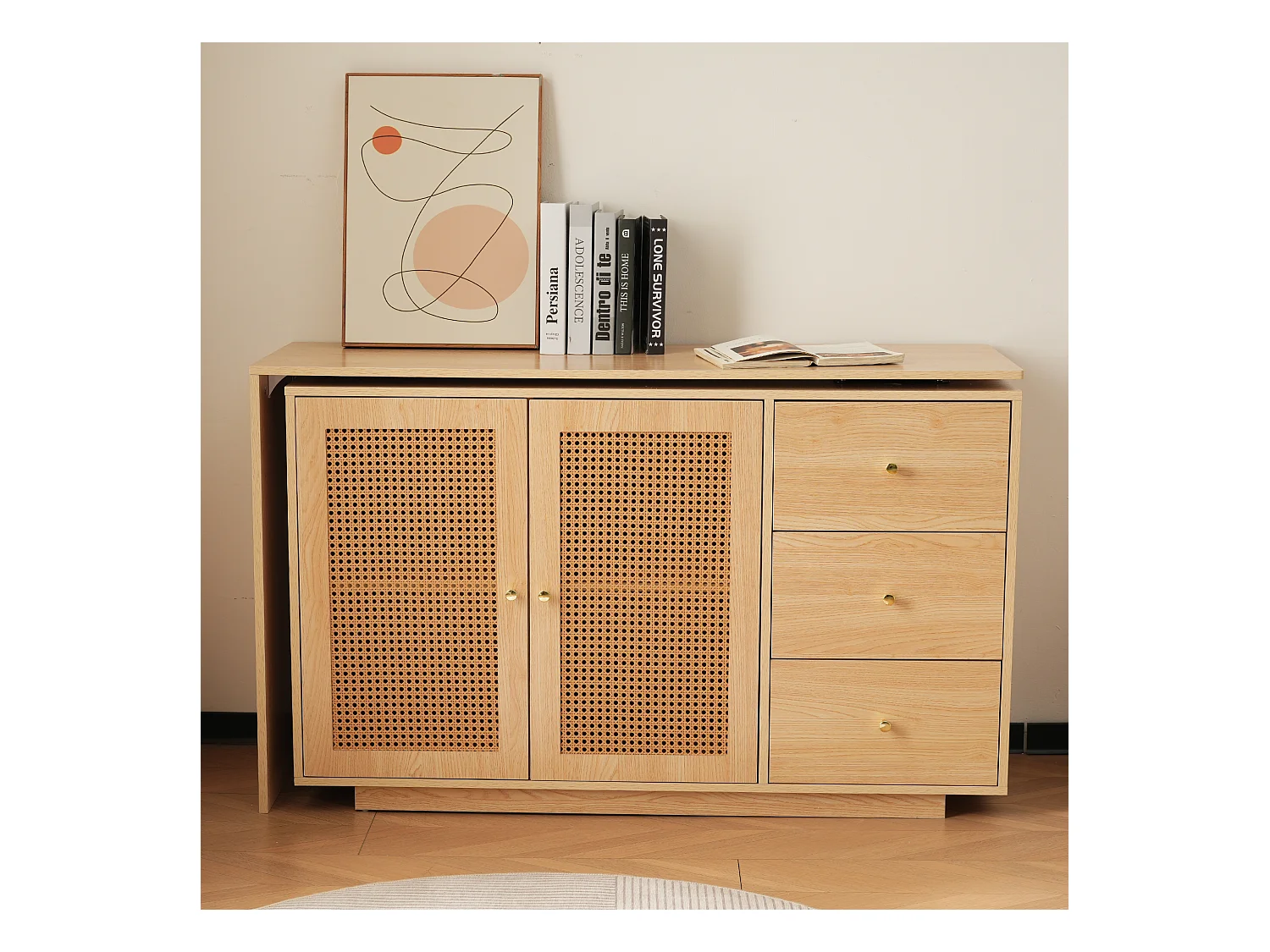 Bureau d'angle avec 3 tiroirs et 2 portes en rotin - 126 x 40 x 75 cm - MDF - Naturel