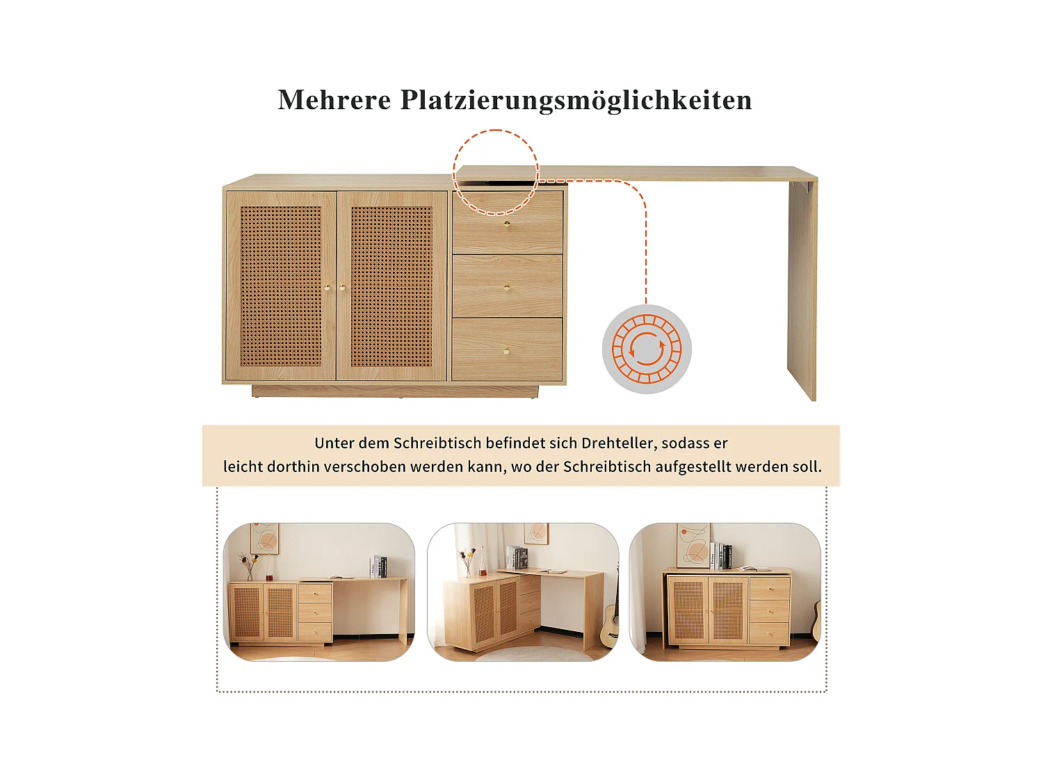 Hoekbureau met 3 lades en 2 rotan deuren - 126 x 40 x 75 cm - MDF - Naturel