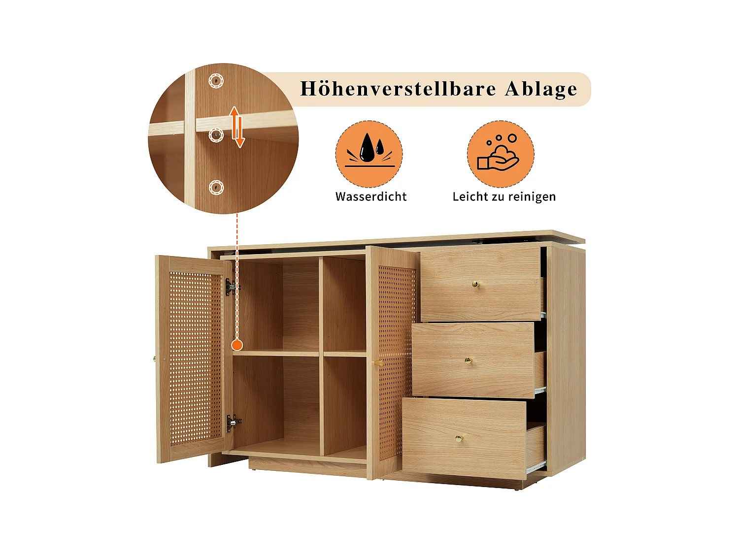 Hoekbureau met 3 lades en 2 rotan deuren - 126 x 40 x 75 cm - MDF - Naturel