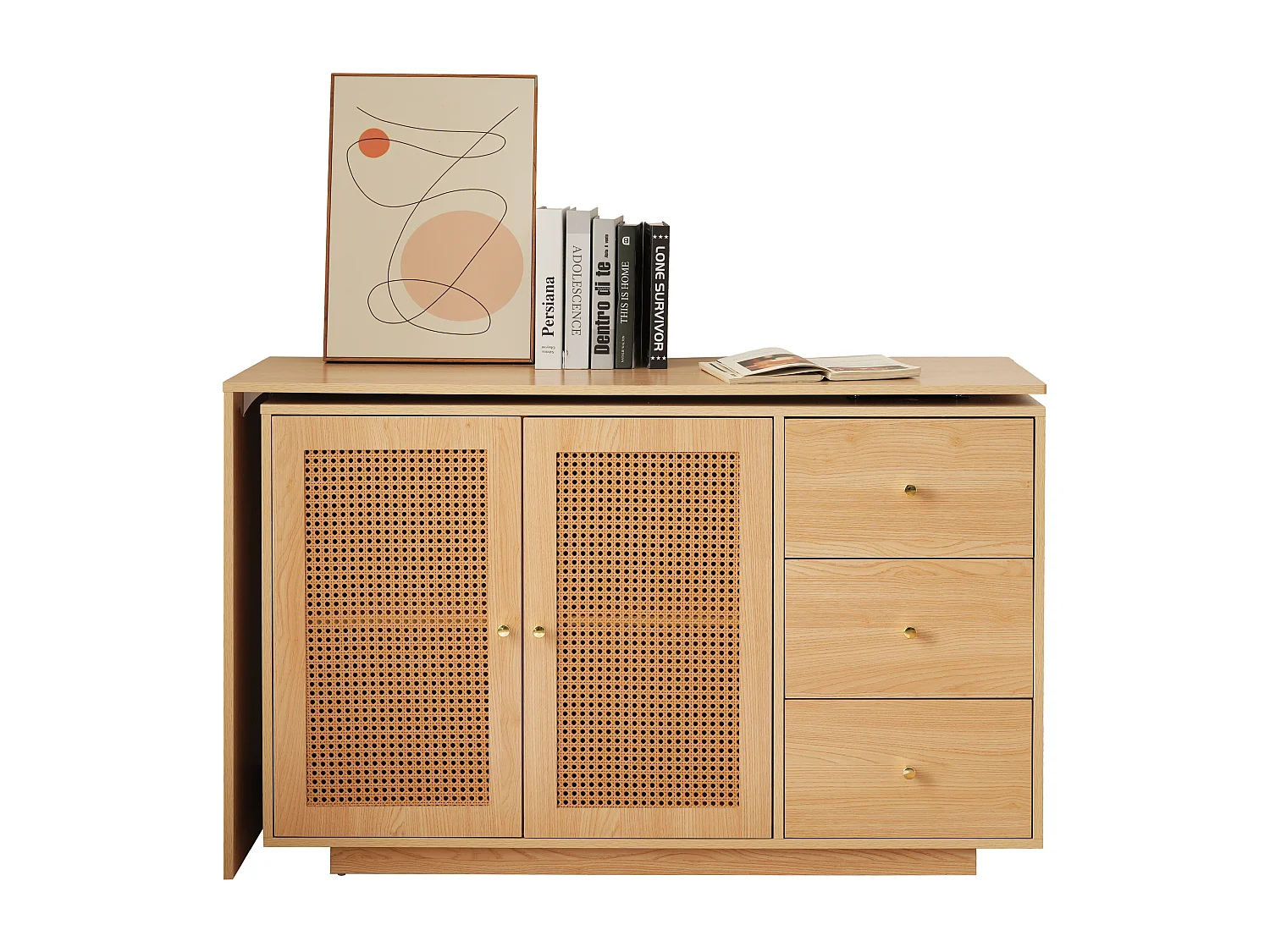 Hoekbureau met 3 lades en 2 rotan deuren - 126 x 40 x 75 cm - MDF - Naturel