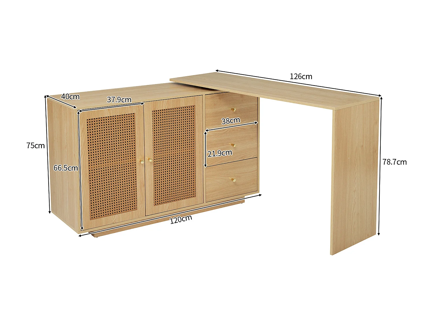 Hoekbureau met 3 lades en 2 rotan deuren - 126 x 40 x 75 cm - MDF - Naturel
