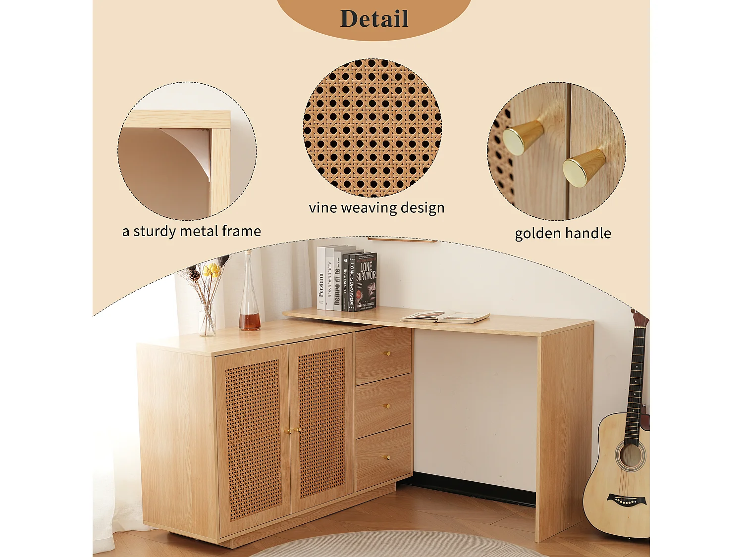 Hoekbureau met 3 lades en 2 rotan deuren - 126 x 40 x 75 cm - MDF - Naturel