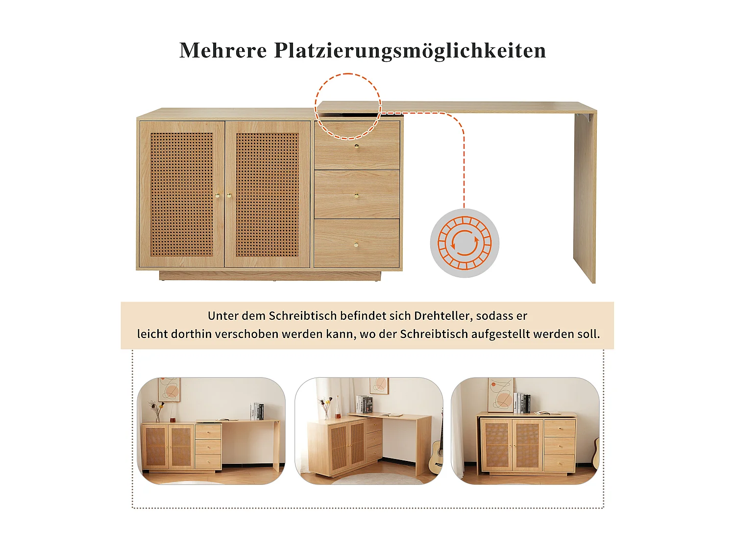 Hoekbureau met 3 lades en 2 rotan deuren - 126 x 40 x 75 cm - MDF - Naturel