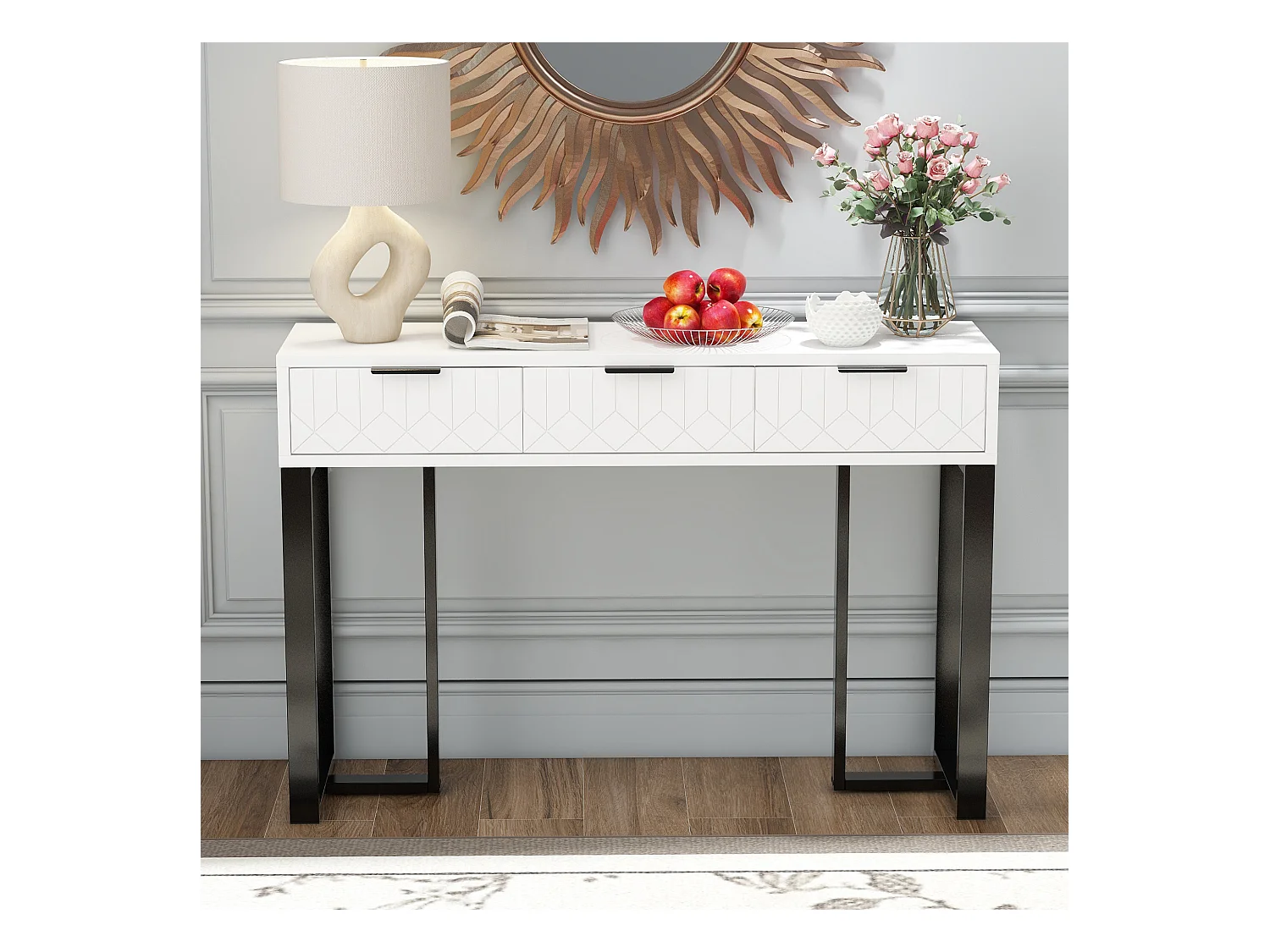 Table console moderne avec 3 tiroirs - 120 x 36 x 80 cm - MDF - pour salon, couloir - blanc + noir