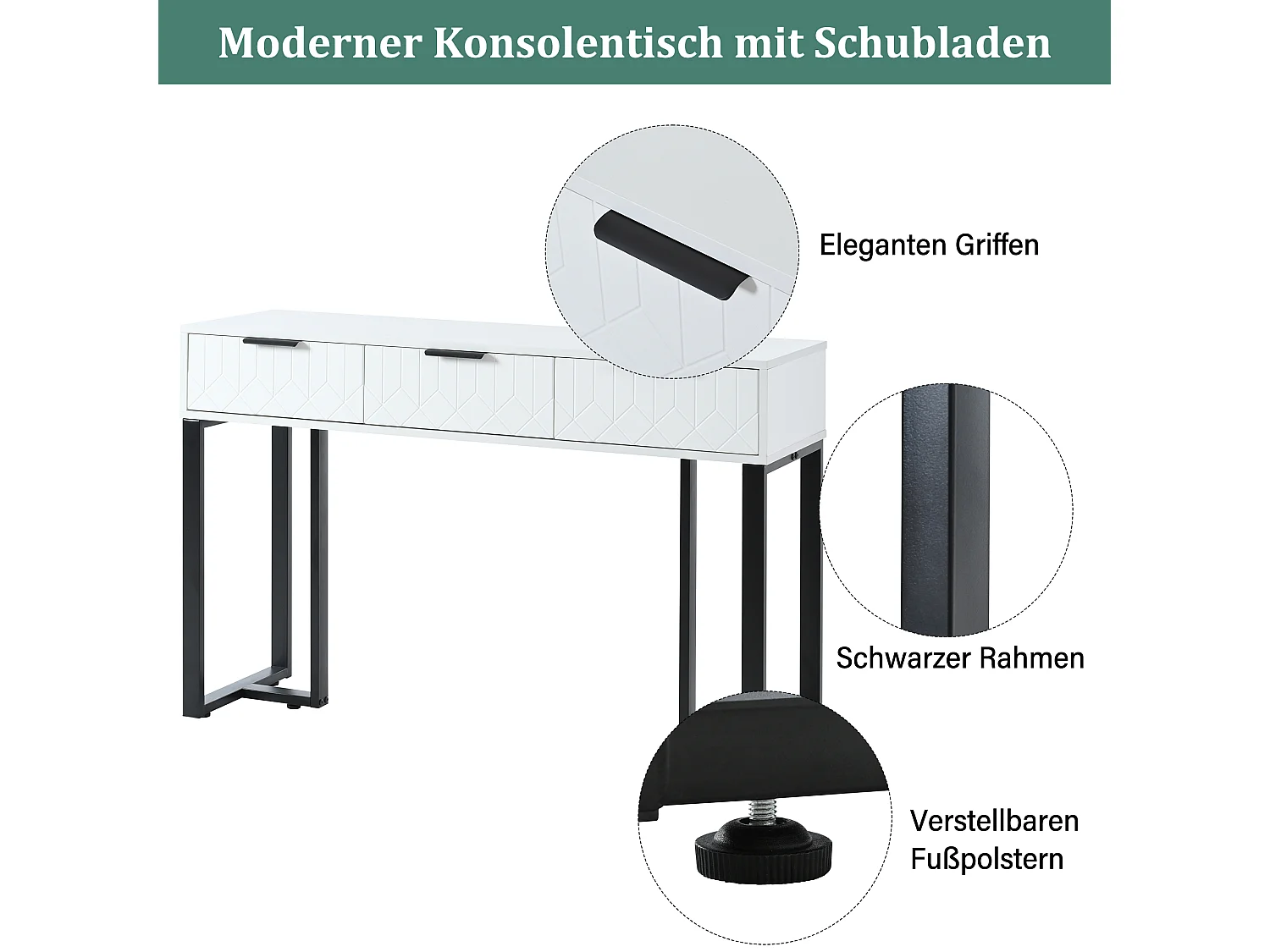 Table console moderne avec 3 tiroirs - 120 x 36 x 80 cm - MDF - pour salon, couloir - blanc + noir