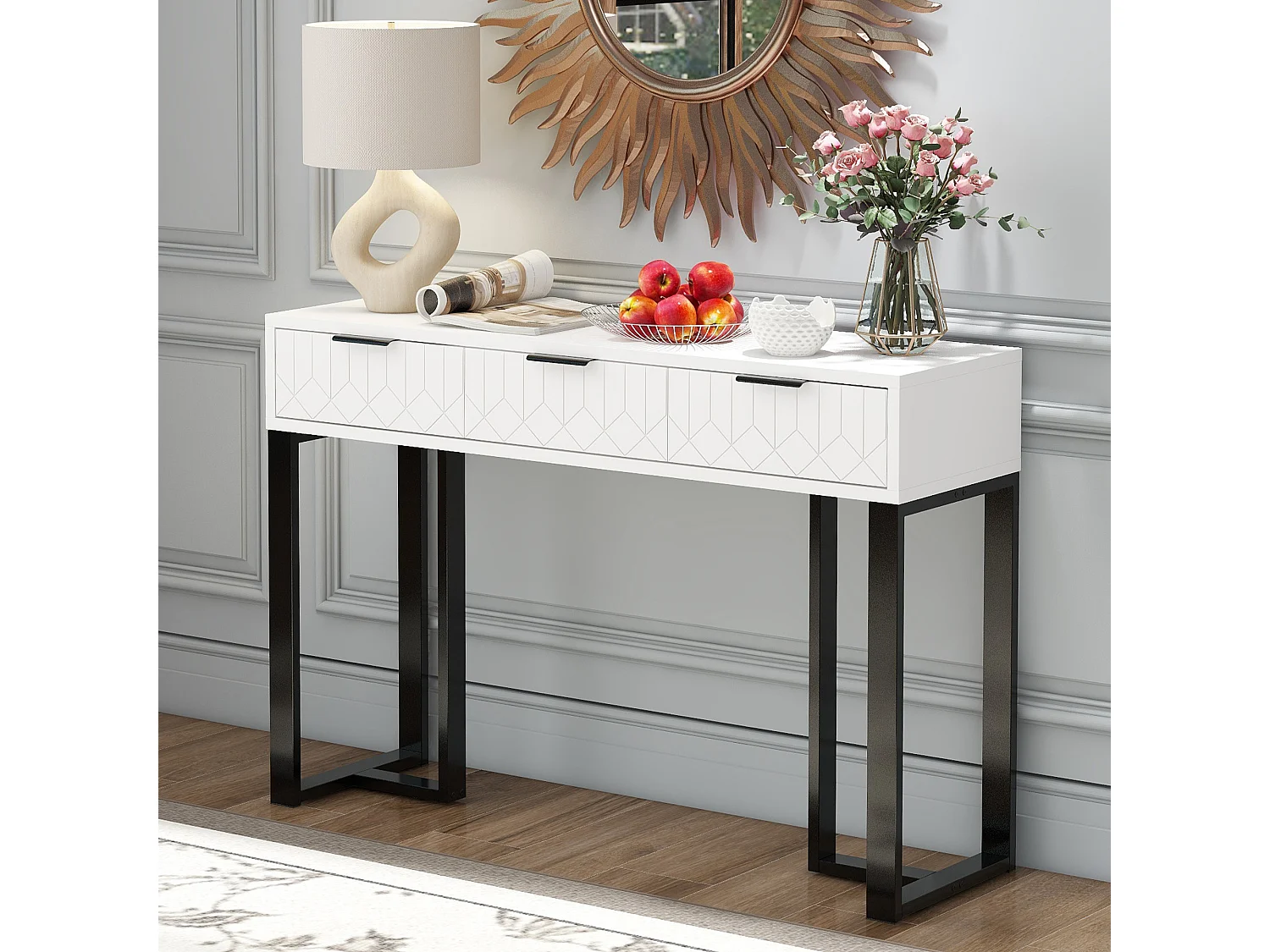 Table console moderne avec 3 tiroirs - 120 x 36 x 80 cm - MDF - pour salon, couloir - blanc + noir