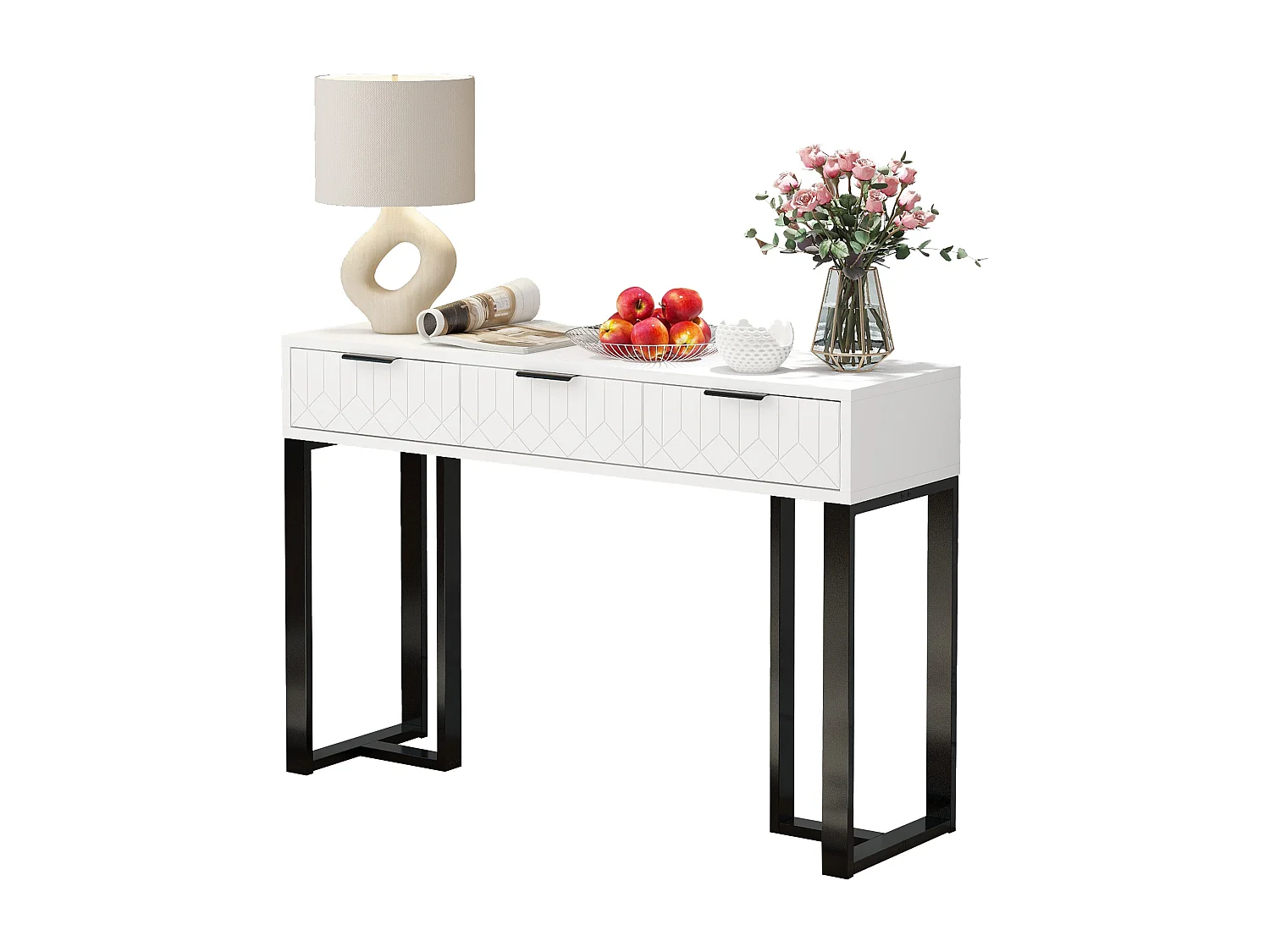 Table console moderne avec 3 tiroirs - 120 x 36 x 80 cm - MDF - pour salon, couloir - blanc + noir