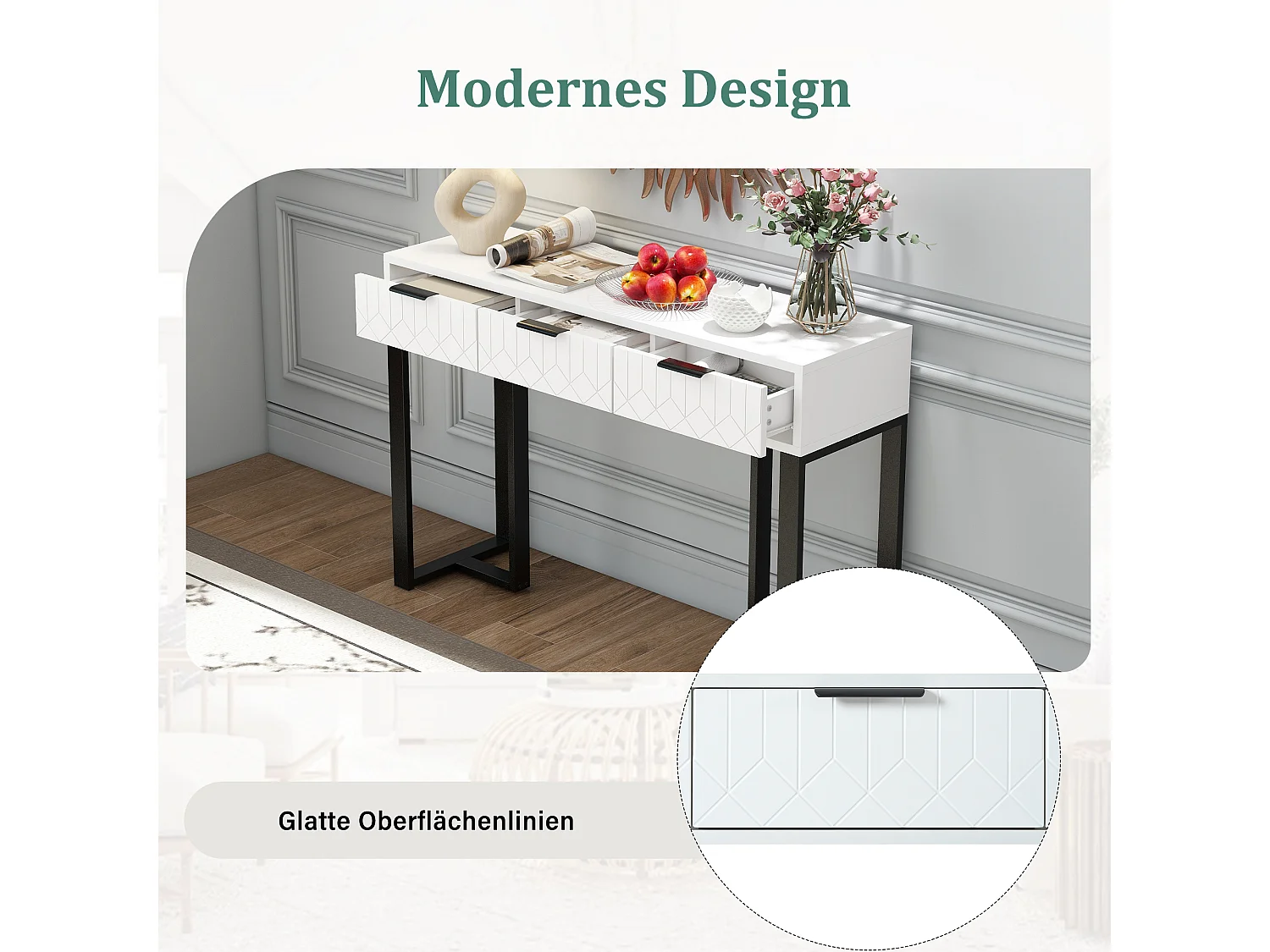 Moderne consoletafel met 3 laden - 120 x 36 x 80 cm - MDF - voor woonkamer, hal - wit + zwart