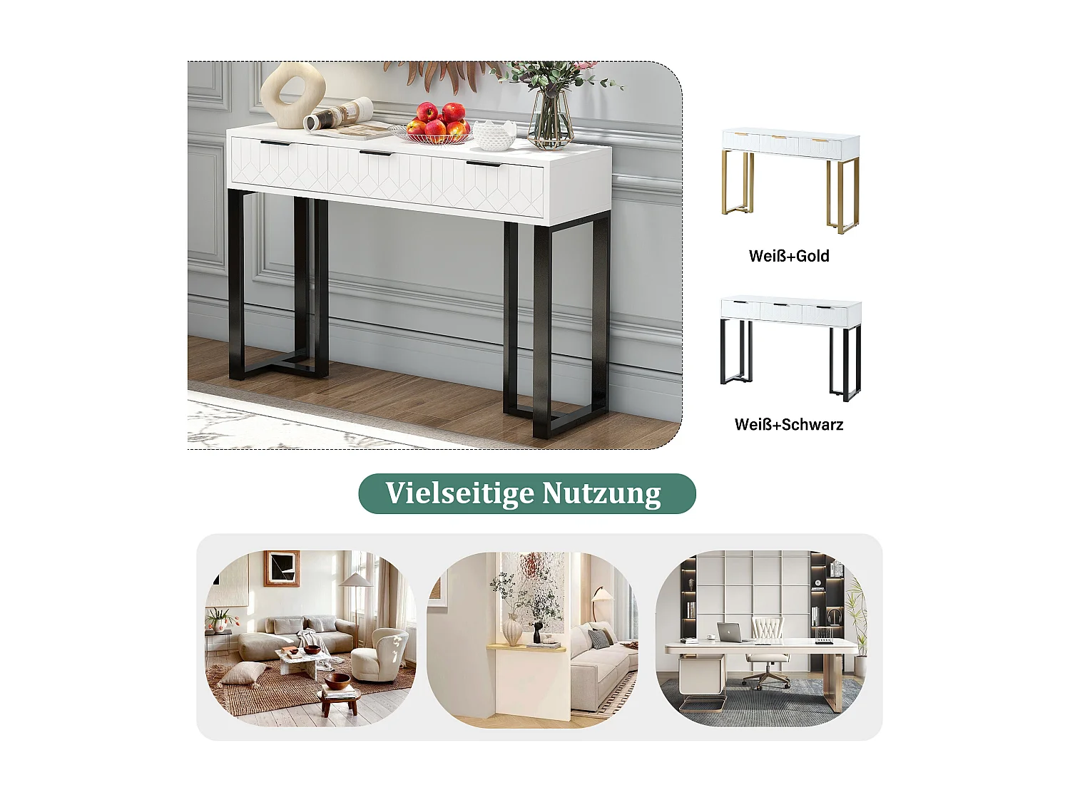 Moderne consoletafel met 3 laden - 120 x 36 x 80 cm - MDF - voor woonkamer, hal - wit + zwart