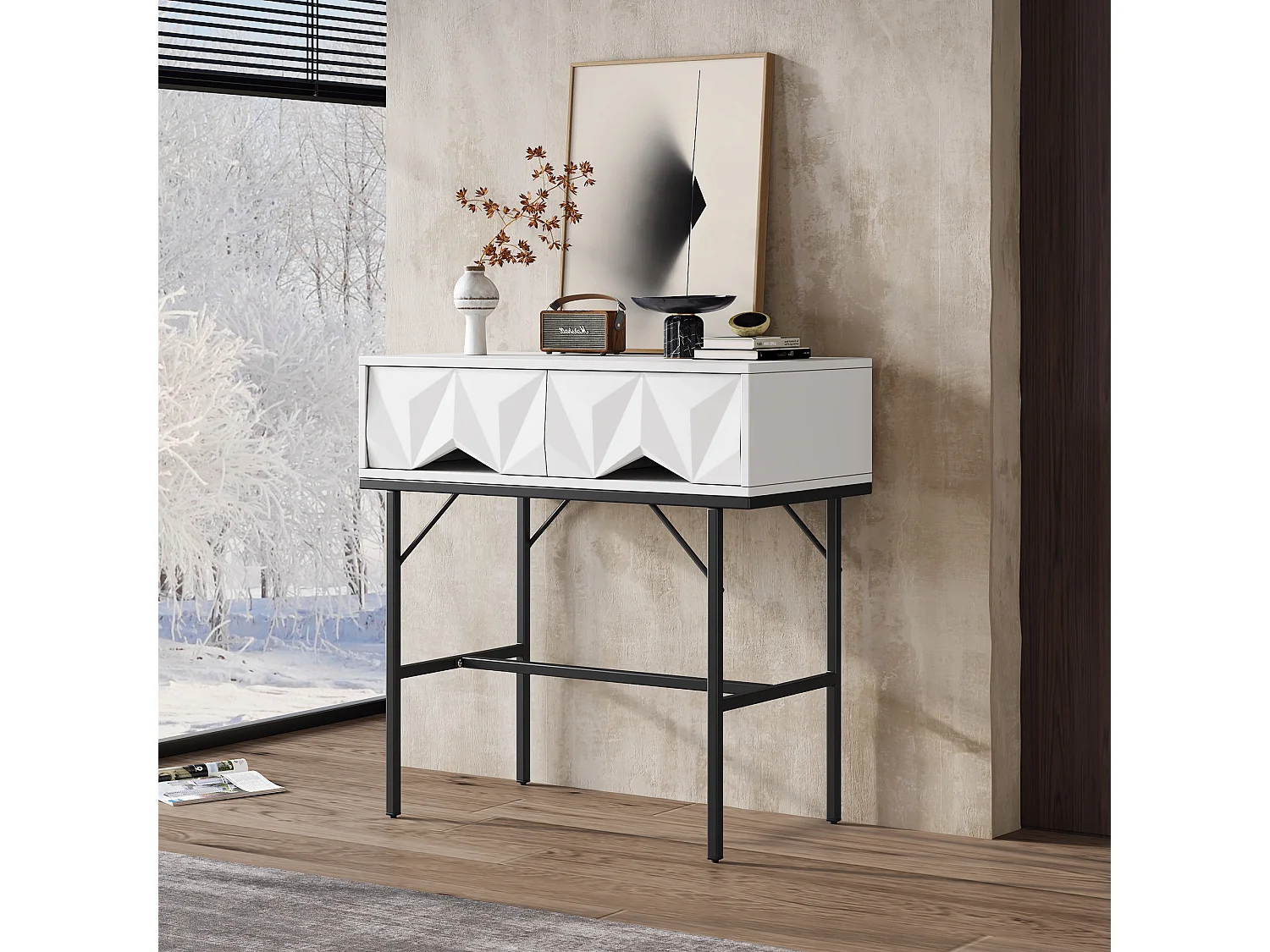 Mesa console moderna com 2 gavetas - 80 x 40 x 80 cm - MDF - para sala, corredor - branco + preto