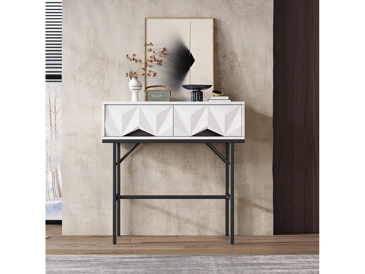Mesa console moderna com 2 gavetas - 80 x 40 x 80 cm - MDF - para sala, corredor - branco + preto