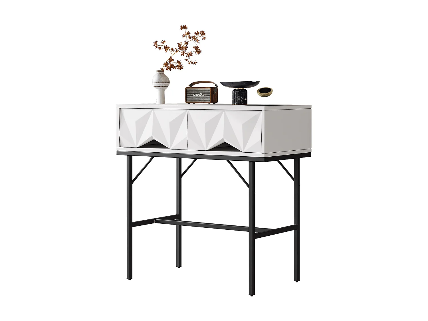 Mesa console moderna com 2 gavetas - 80 x 40 x 80 cm - MDF - para sala, corredor - branco + preto
