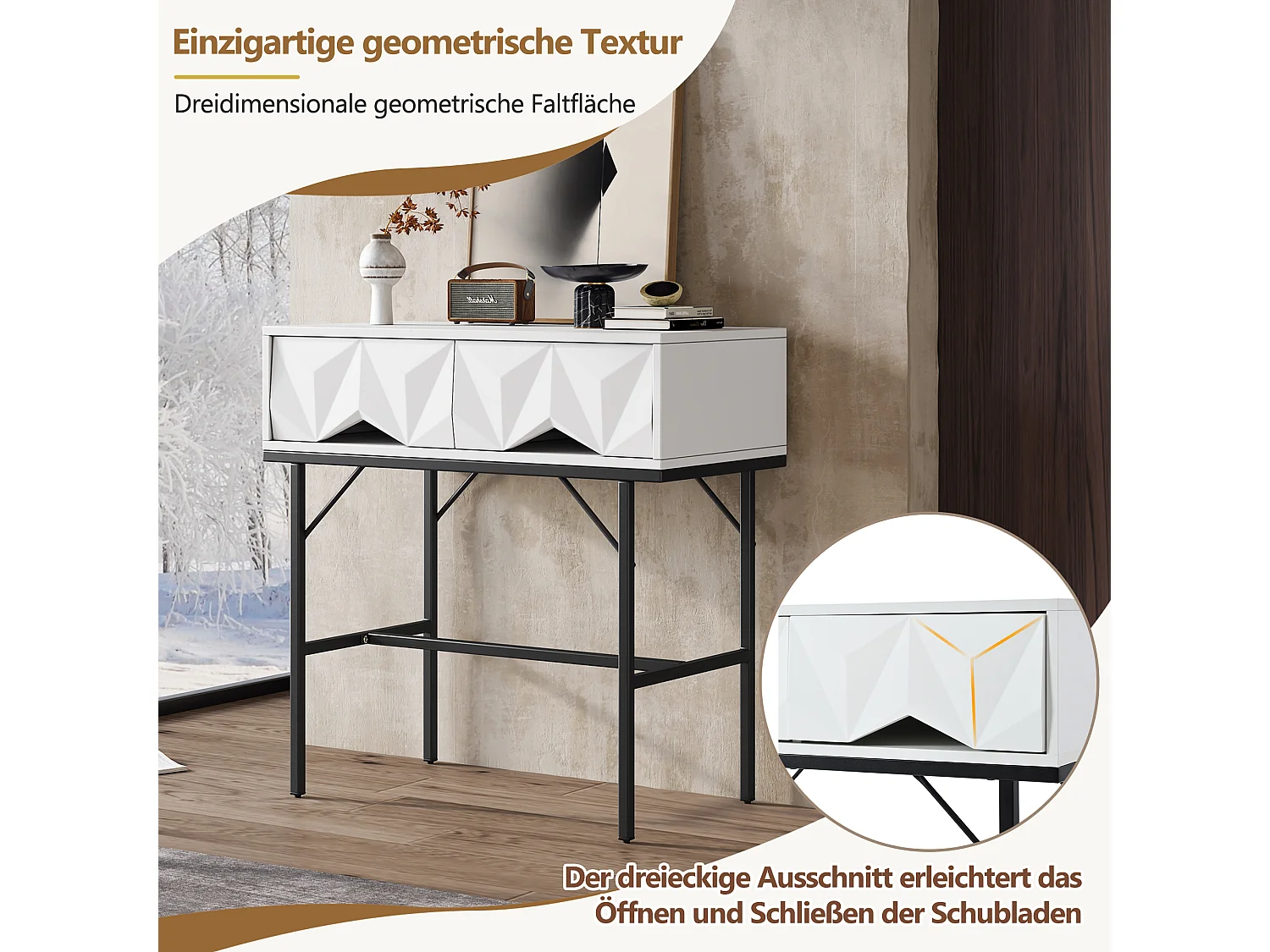 Mesa console moderna com 2 gavetas - 80 x 40 x 80 cm - MDF - para sala, corredor - branco + preto