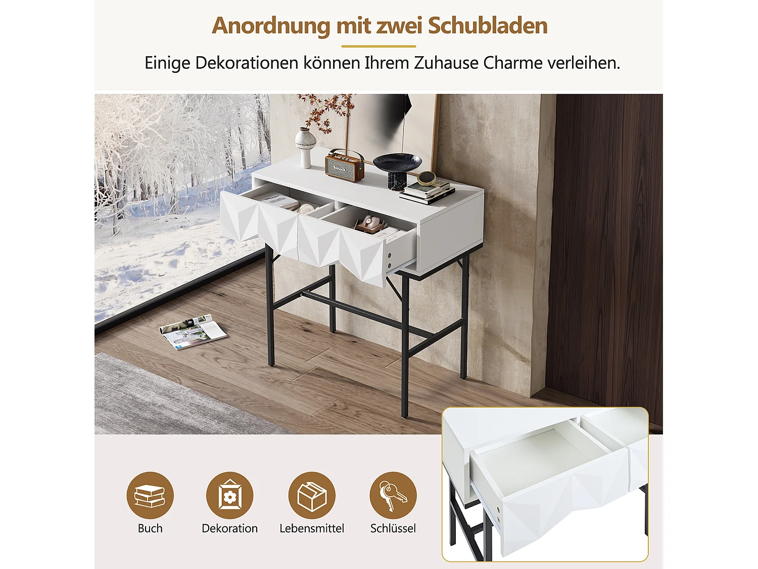 Mesa console moderna com 2 gavetas - 80 x 40 x 80 cm - MDF - para sala, corredor - branco + preto