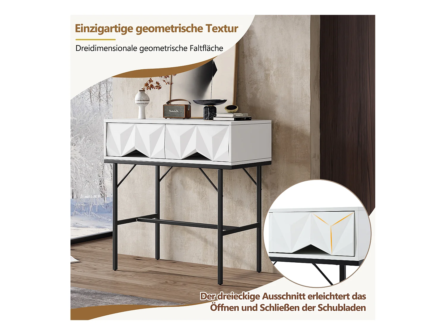 Moderner Konsolentisch mit 2 Schubladen – 80 x 40 x 80 cm – MDF – für Wohnzimmer, Flur – Weiß + Schwarz