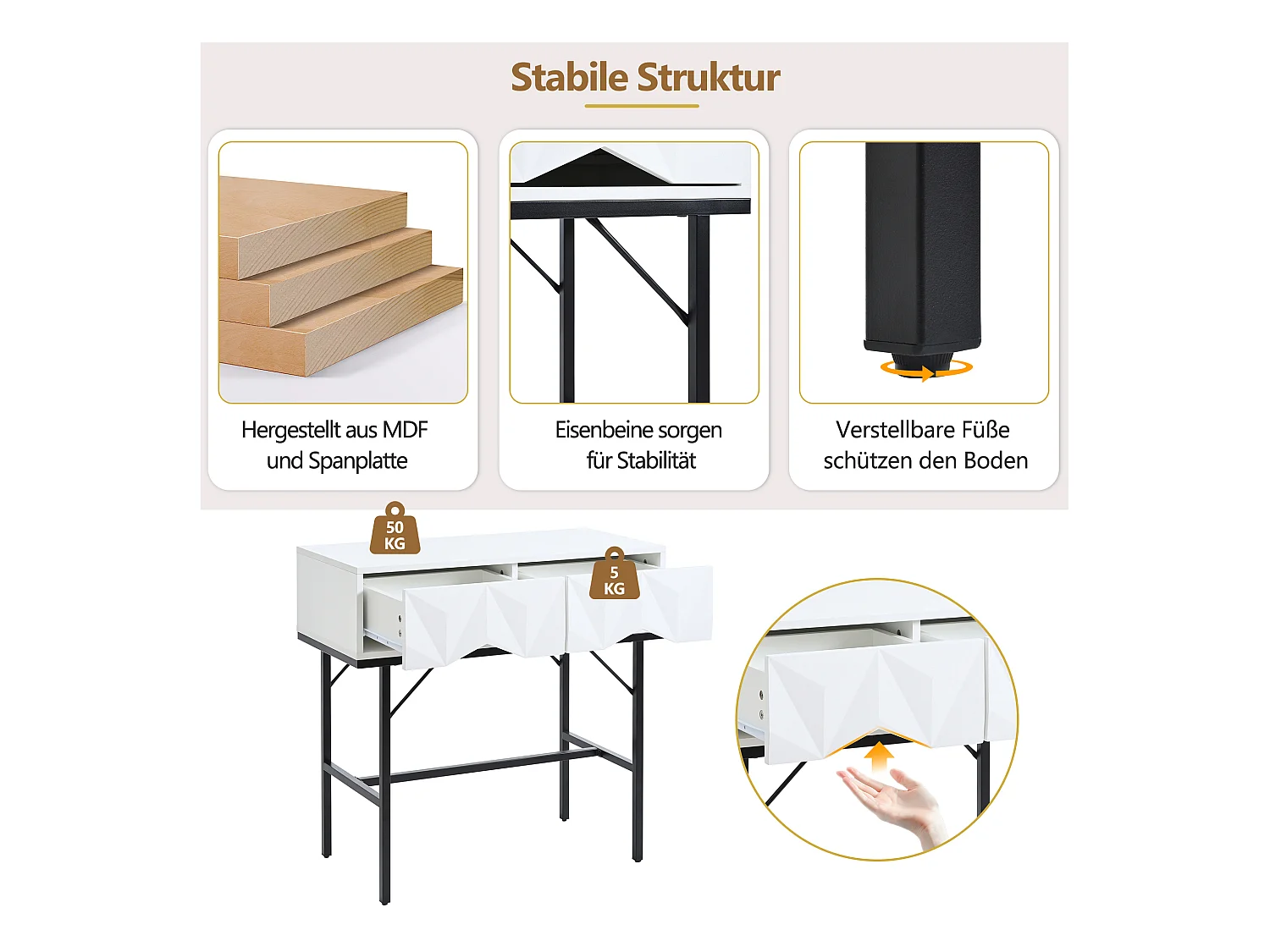 Moderner Konsolentisch mit 2 Schubladen – 80 x 40 x 80 cm – MDF – für Wohnzimmer, Flur – Weiß + Schwarz