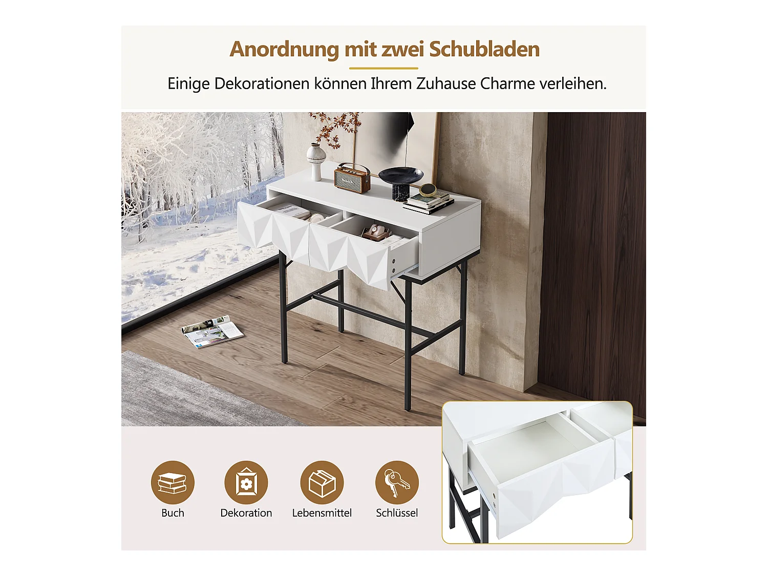 Moderner Konsolentisch mit 2 Schubladen – 80 x 40 x 80 cm – MDF – für Wohnzimmer, Flur – Weiß + Schwarz