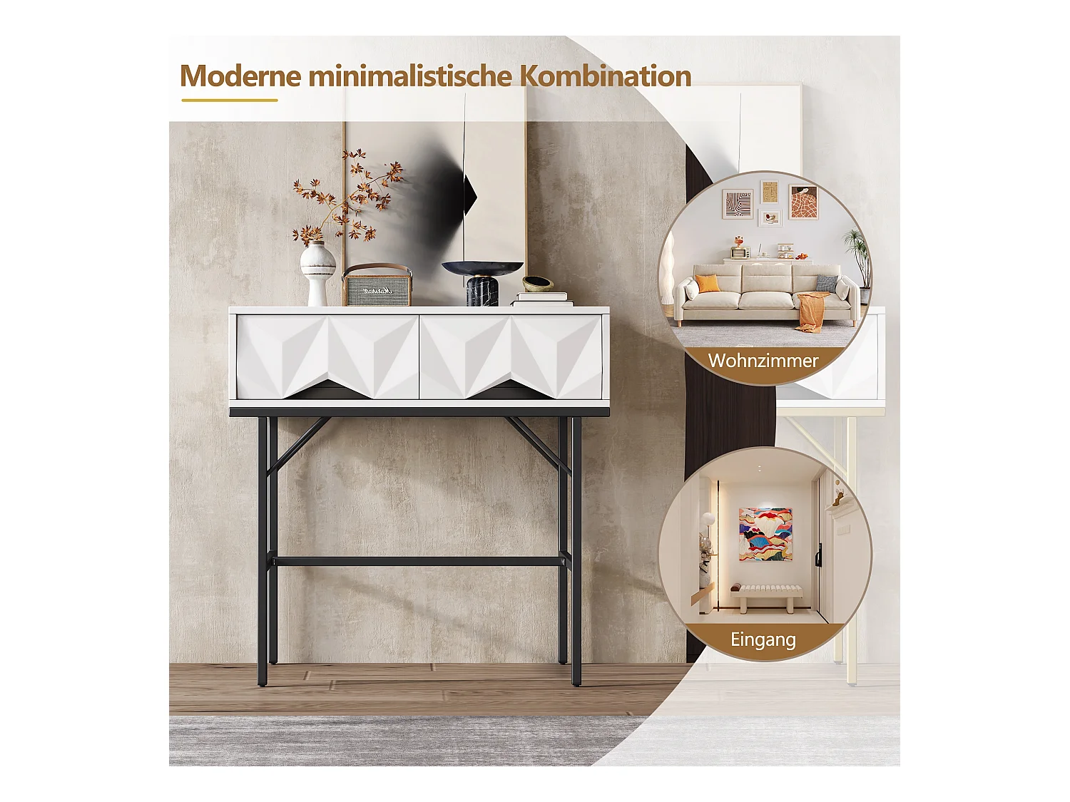 Moderner Konsolentisch mit 2 Schubladen – 80 x 40 x 80 cm – MDF – für Wohnzimmer, Flur – Weiß + Schwarz