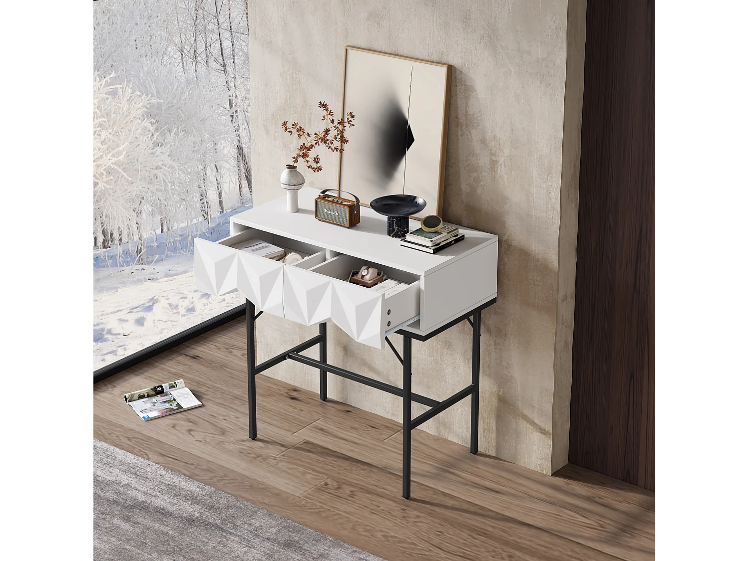 Table console moderne avec 2 tiroirs - 80 x 40 x 80 cm - MDF - pour salon, couloir - blanc + noir