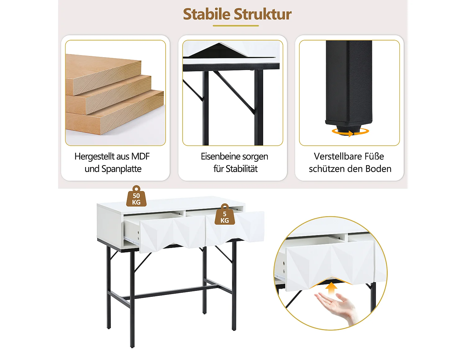 Table console moderne avec 2 tiroirs - 80 x 40 x 80 cm - MDF - pour salon, couloir - blanc + noir