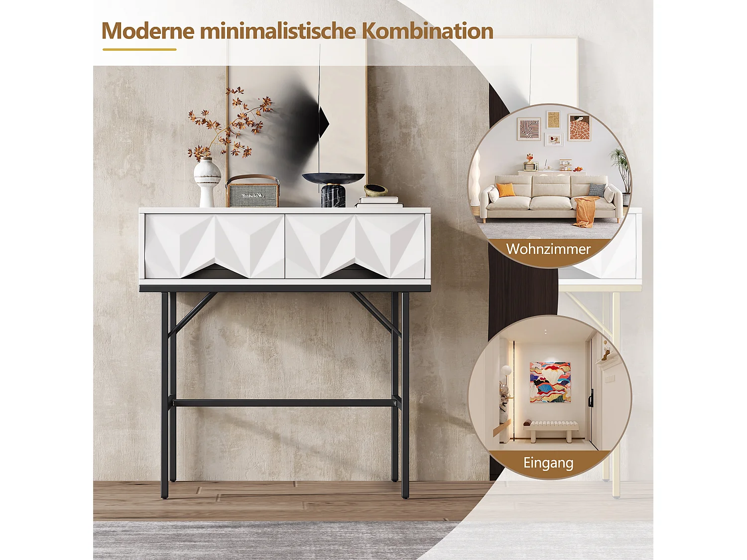 Table console moderne avec 2 tiroirs - 80 x 40 x 80 cm - MDF - pour salon, couloir - blanc + noir