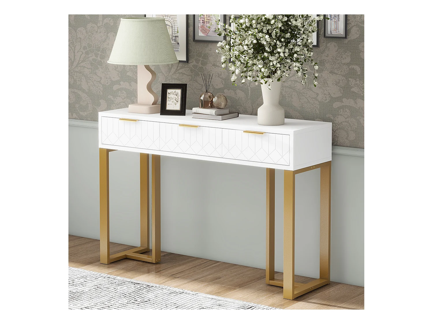 Table console moderne avec 3 tiroirs - 120 x 36 x 80 cm - MDF - pour salon, couloir - blanc + or