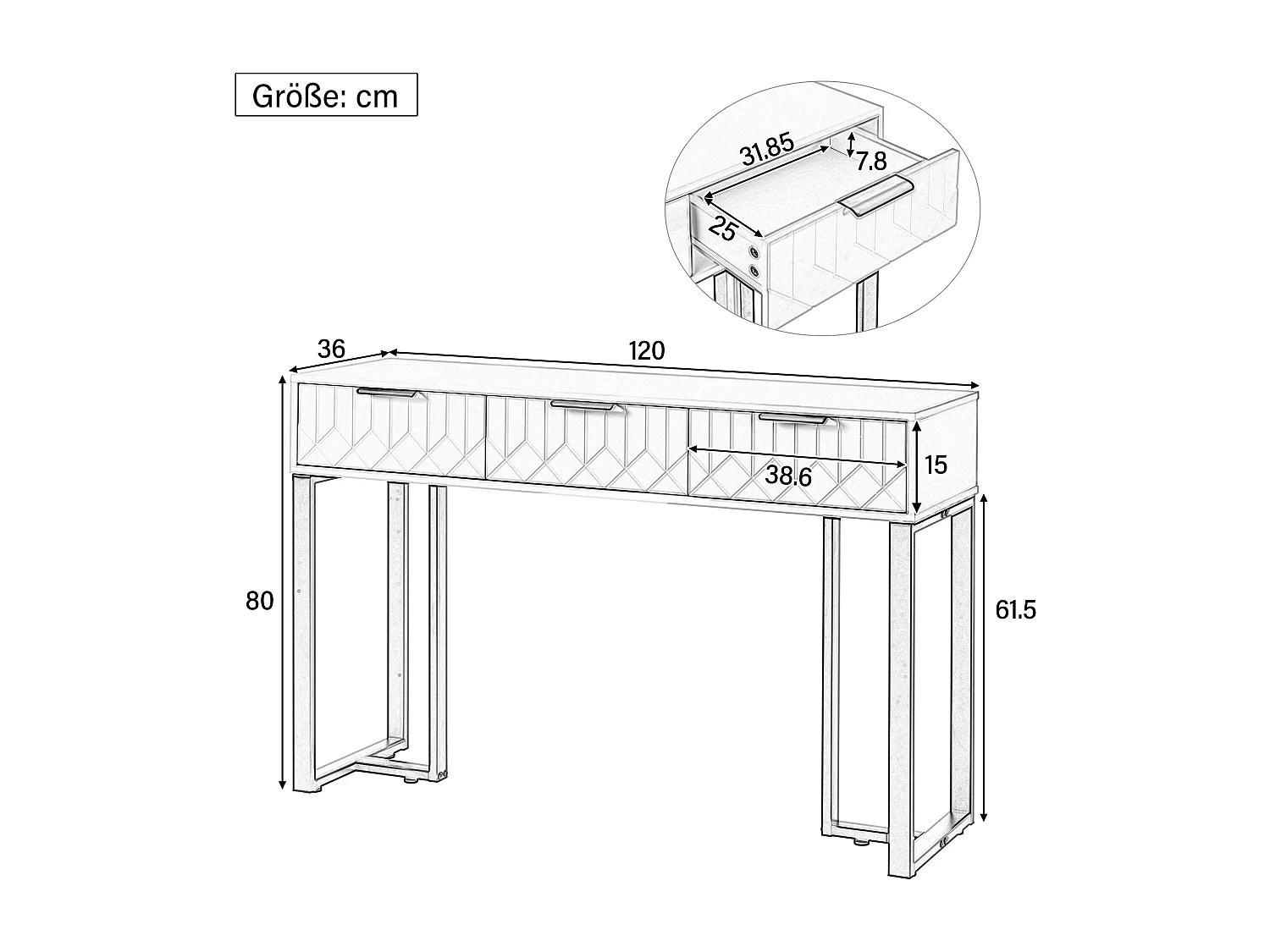 Moderner Konsolentisch mit 3 Schubladen – 120 x 36 x 80 cm – MDF – für Wohnzimmer, Flur – Weiß + Gold