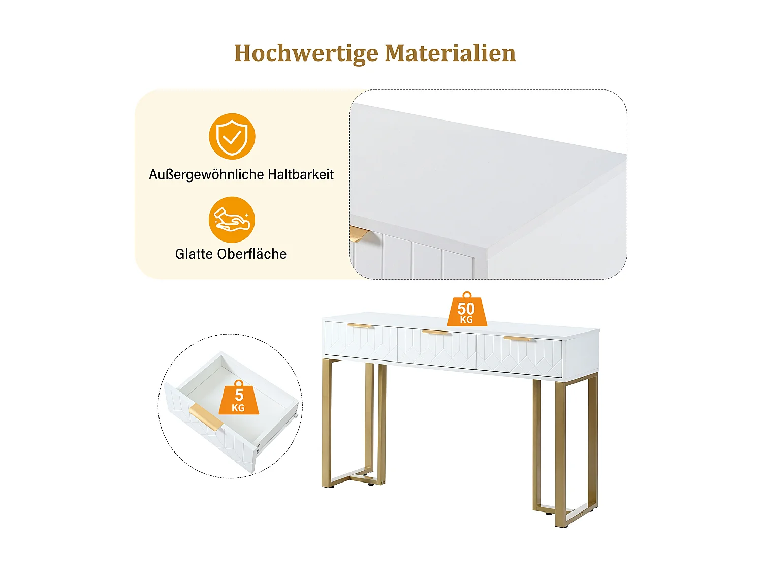 Moderner Konsolentisch mit 3 Schubladen – 120 x 36 x 80 cm – MDF – für Wohnzimmer, Flur – Weiß + Gold