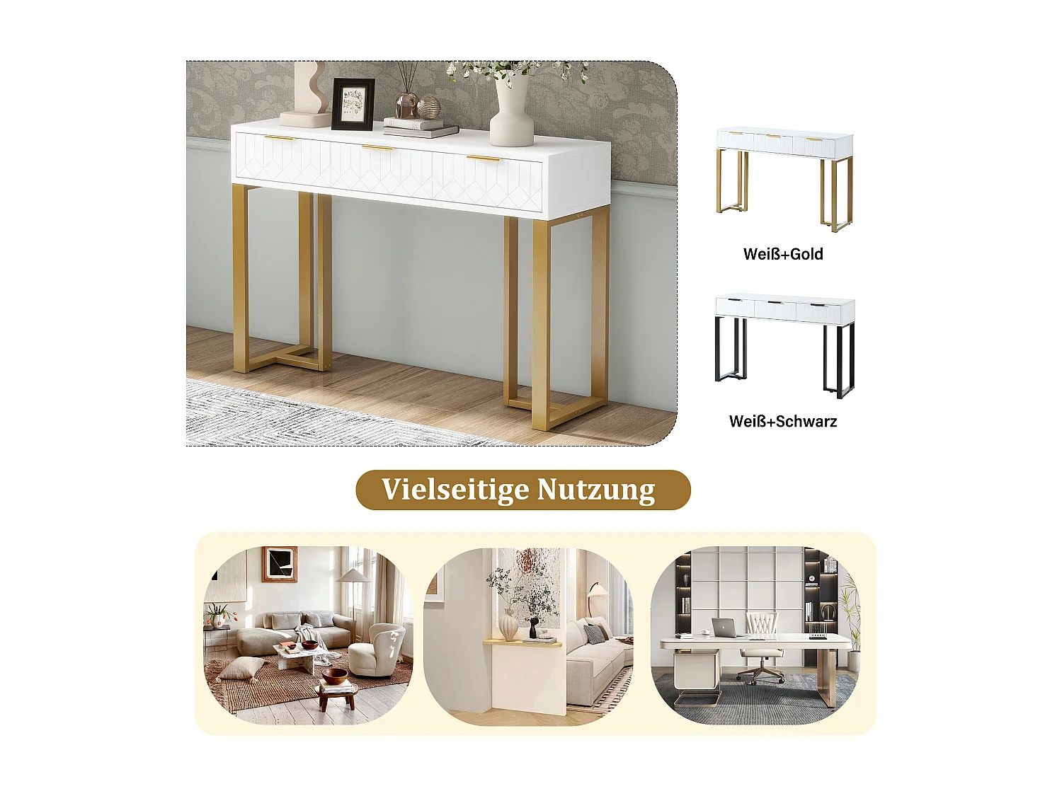 Moderner Konsolentisch mit 3 Schubladen – 120 x 36 x 80 cm – MDF – für Wohnzimmer, Flur – Weiß + Gold