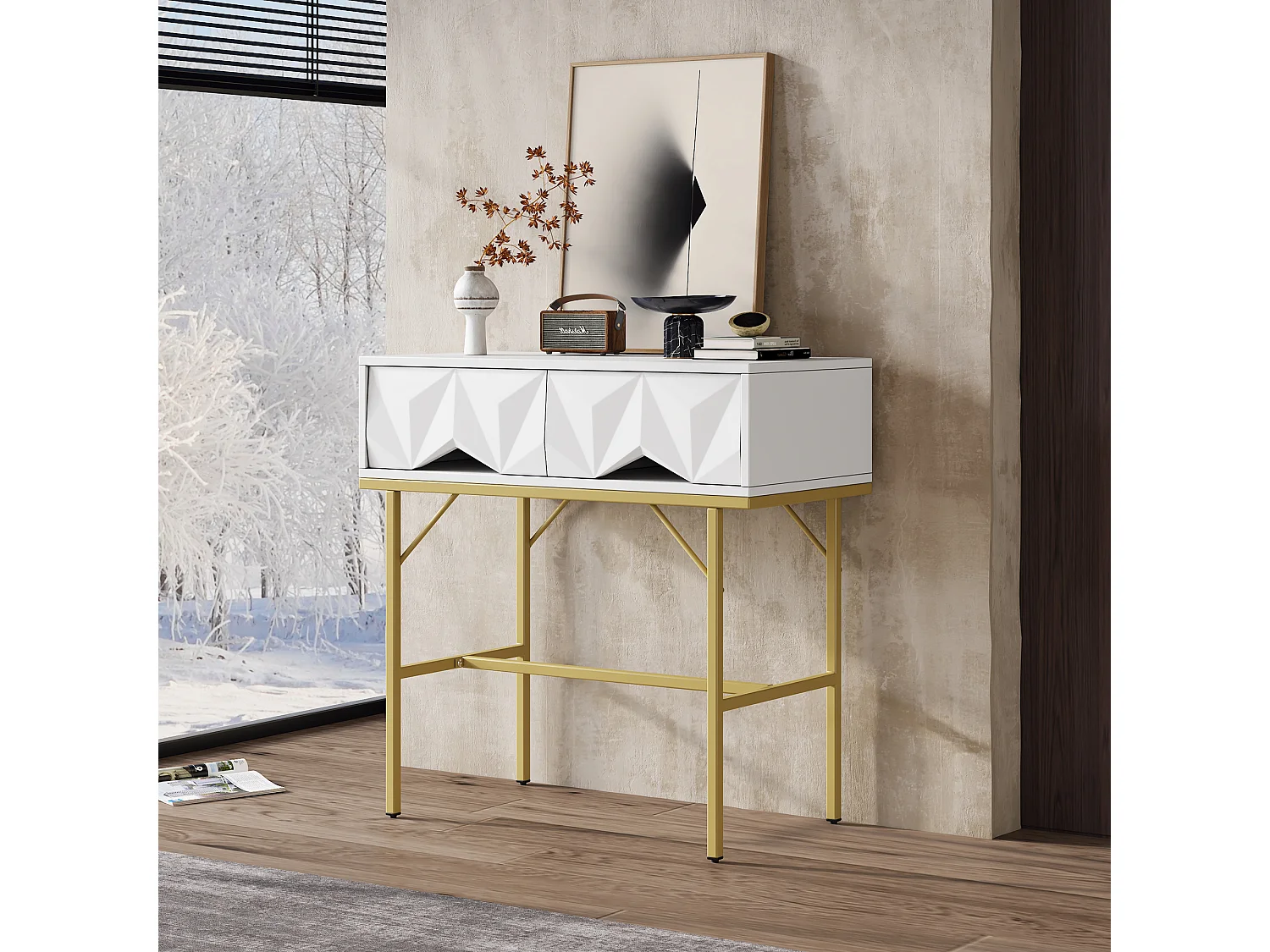 Mesa de console moderna com 2 gavetas - 80 x 40 x 80 cm - MDF - para sala, corredor - branco + dourado