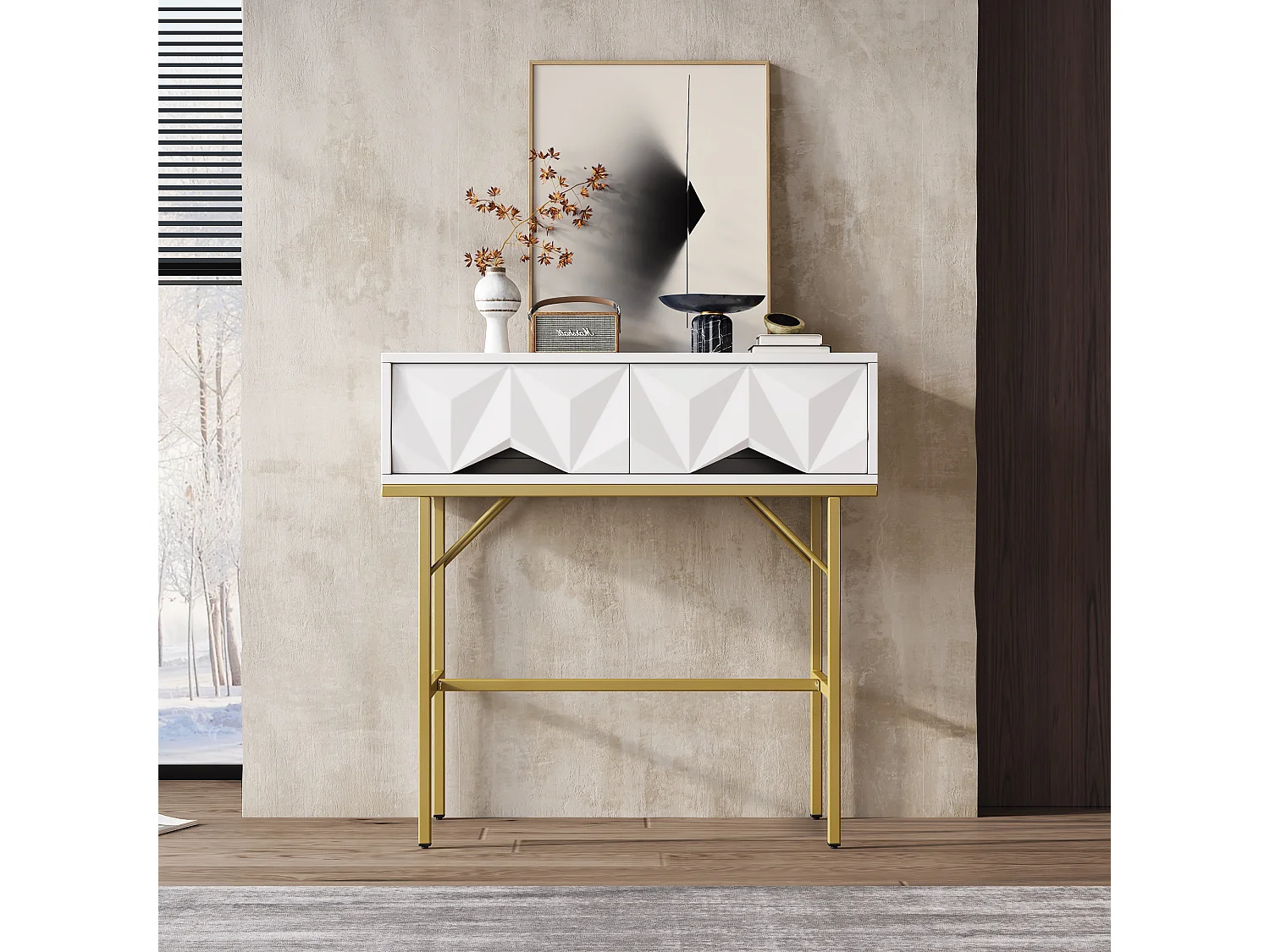Mesa de console moderna com 2 gavetas - 80 x 40 x 80 cm - MDF - para sala, corredor - branco + dourado