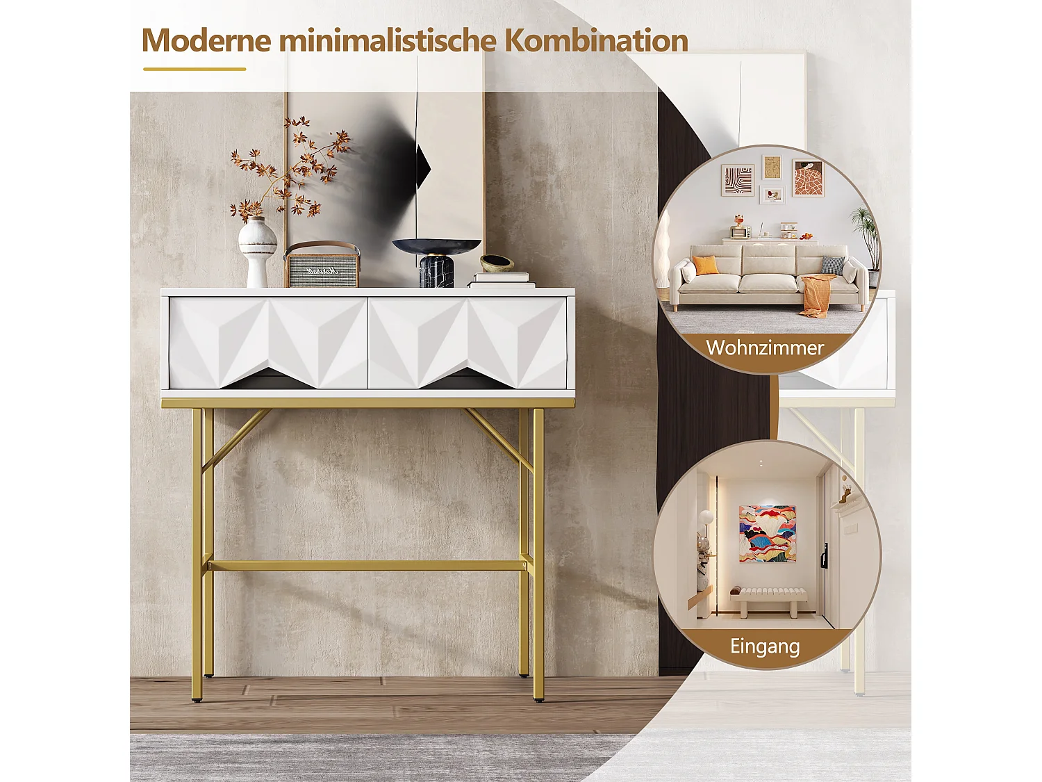 Mesa de console moderna com 2 gavetas - 80 x 40 x 80 cm - MDF - para sala, corredor - branco + dourado