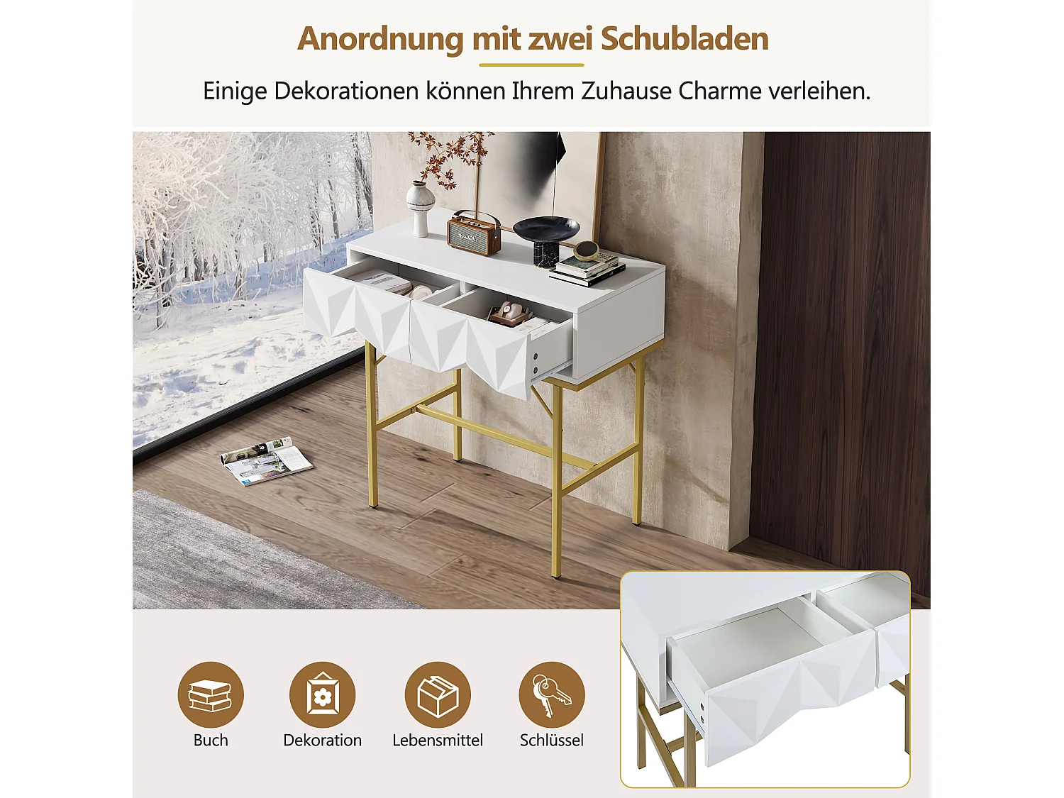 Consolle moderna con 2 cassetti - 80 x 40 x 80 cm - MDF - per soggiorno, corridoio - bianco + oro