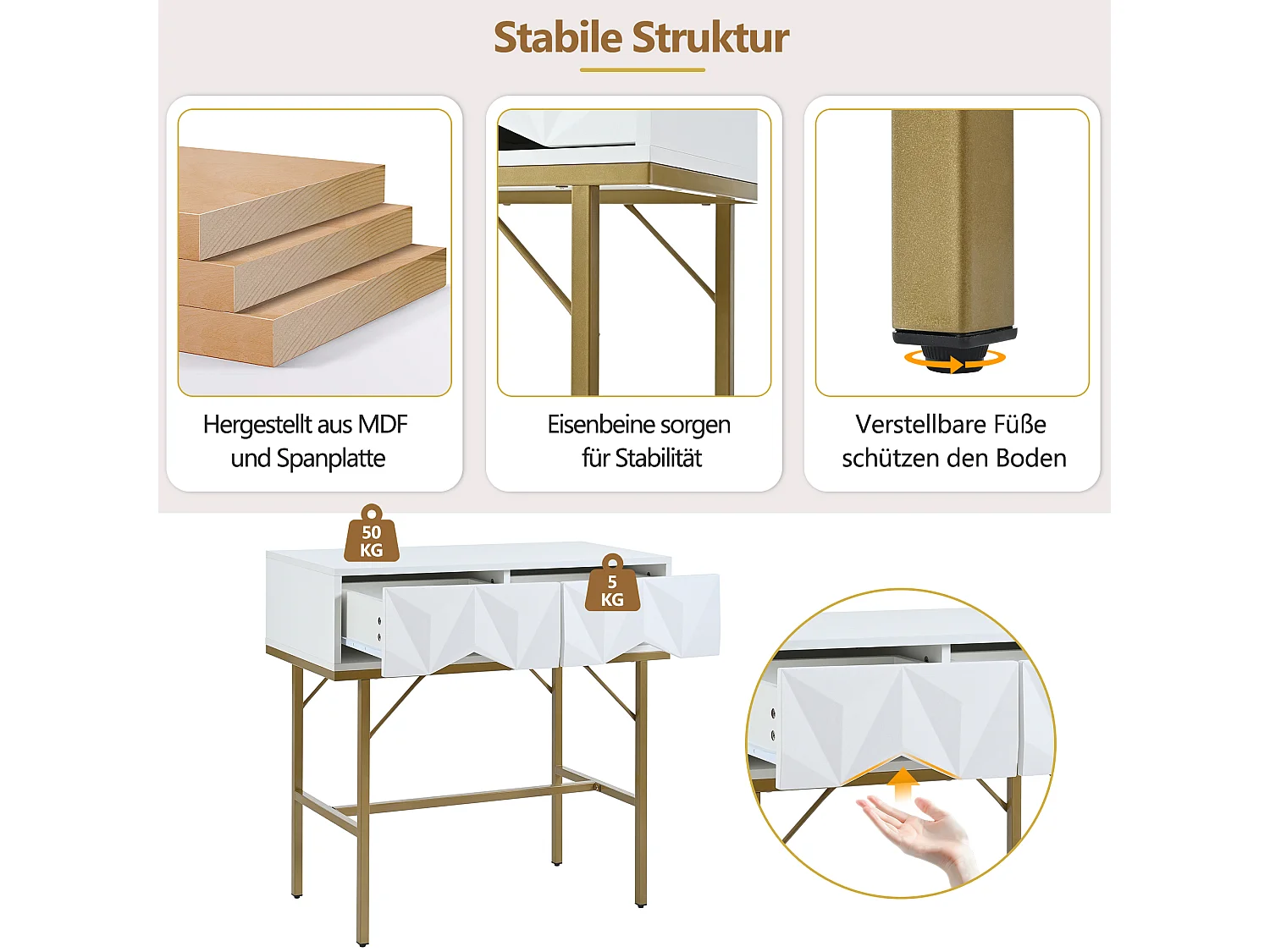 Consolle moderna con 2 cassetti - 80 x 40 x 80 cm - MDF - per soggiorno, corridoio - bianco + oro