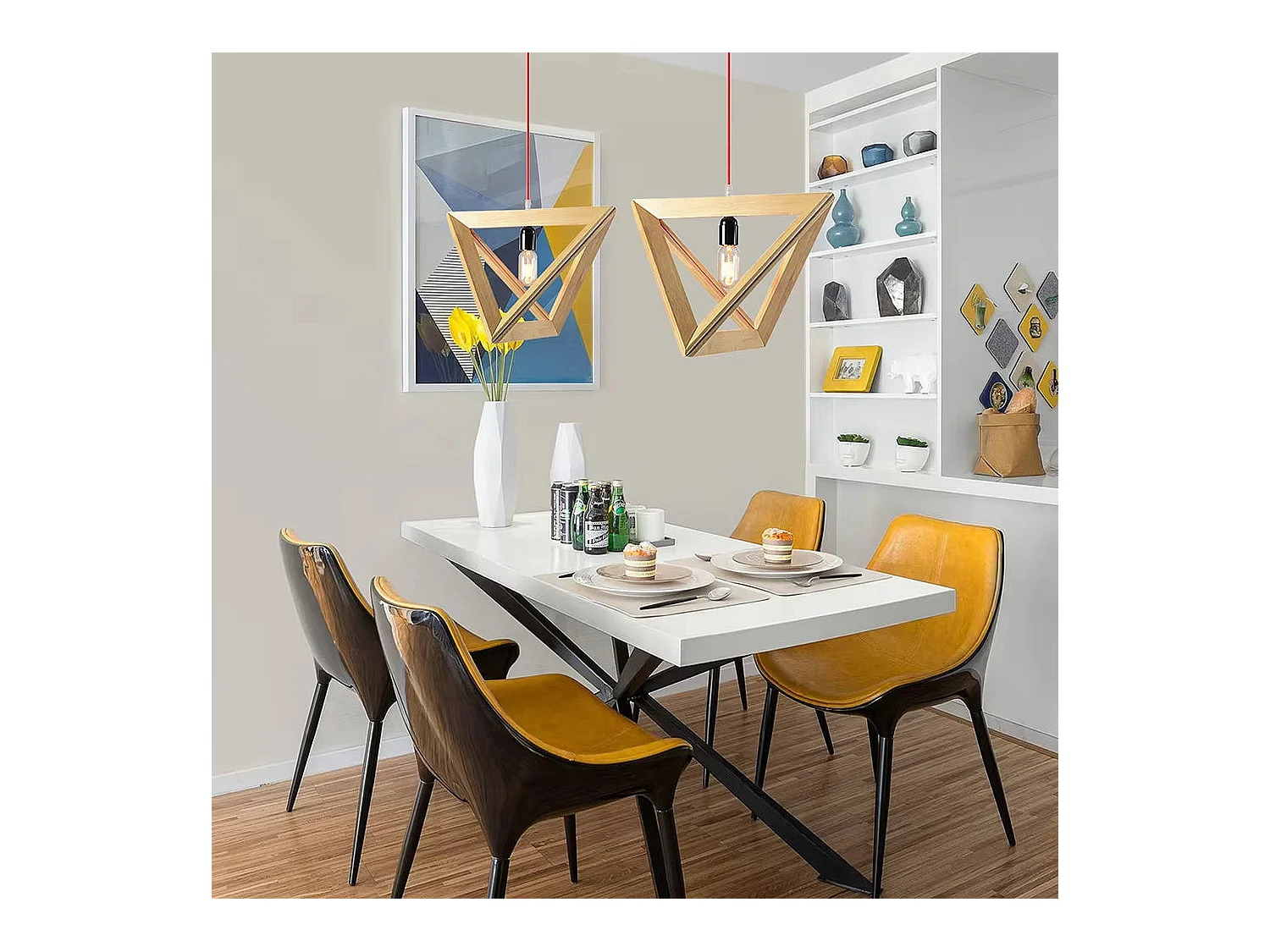 Lustre arturesthome suspendues en bois, lumières suspendues triangulaires pour le salon, la chambre à coucher, d32 x h24cm, natural