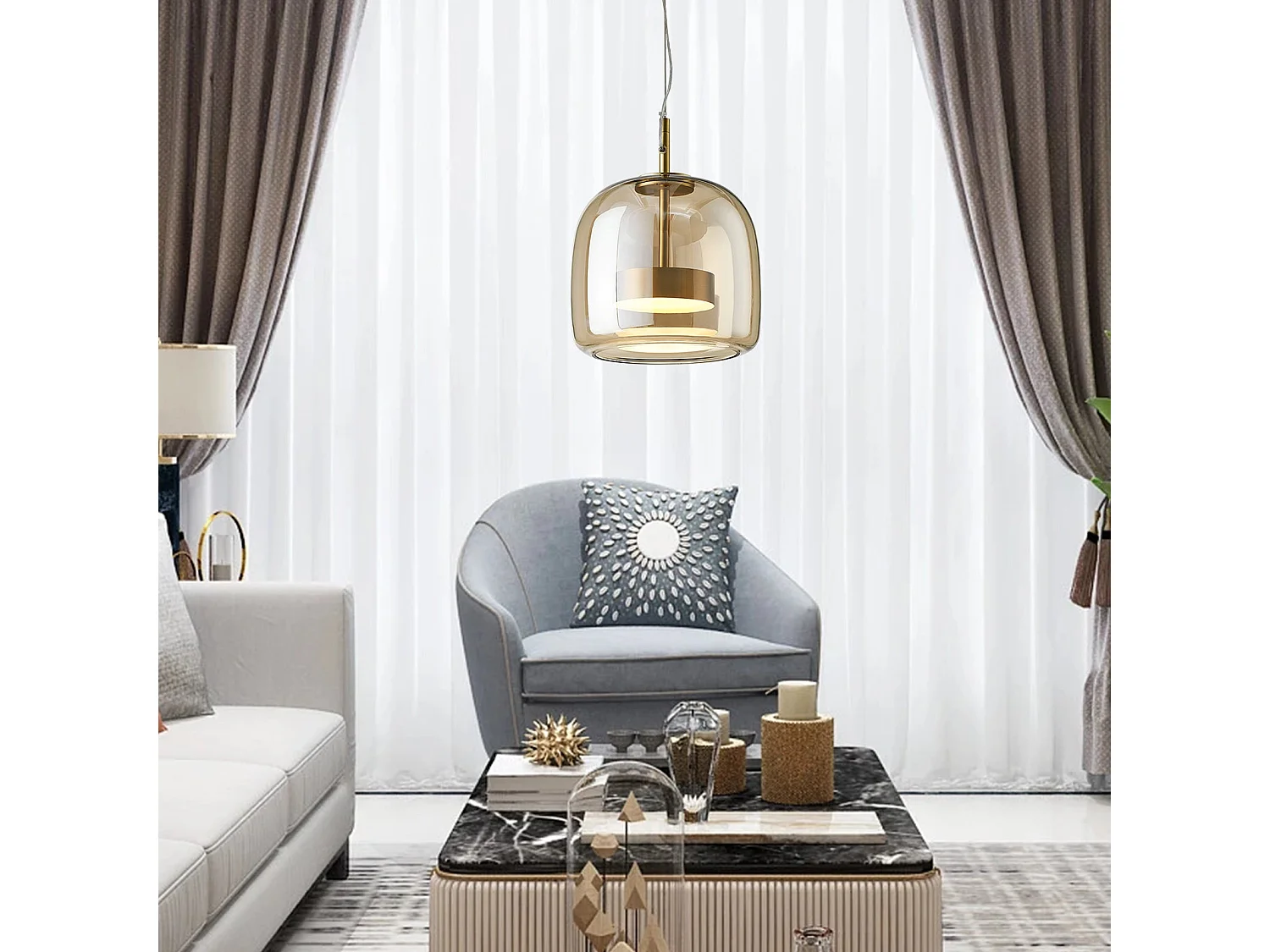 Lustre de plafond suspendu en verre, approprié pour le salon et la chambre à coucher, doré, d26cm x h23.5cm