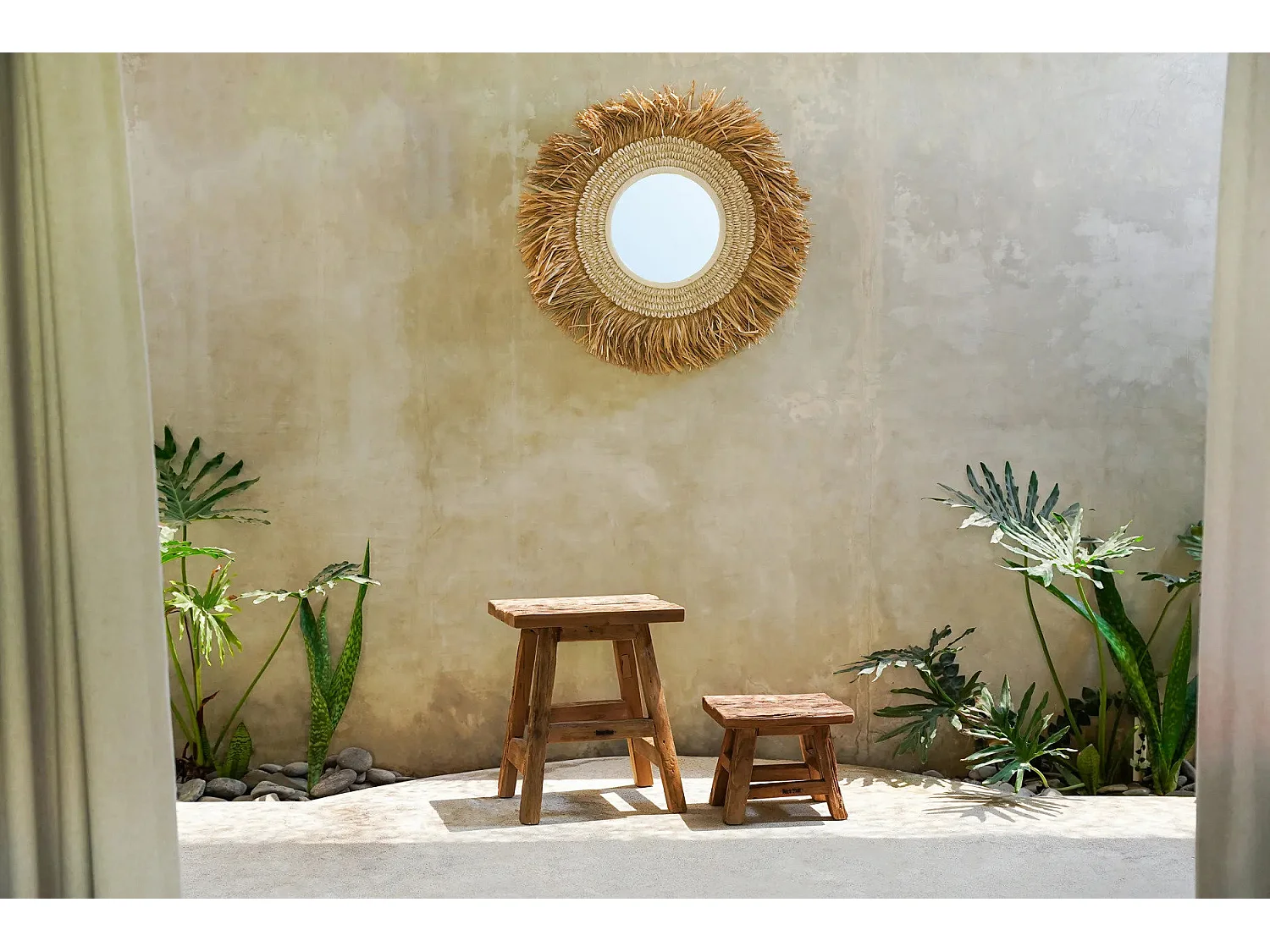 Der Raffia Cowrie Spiegel - Natur Weiss